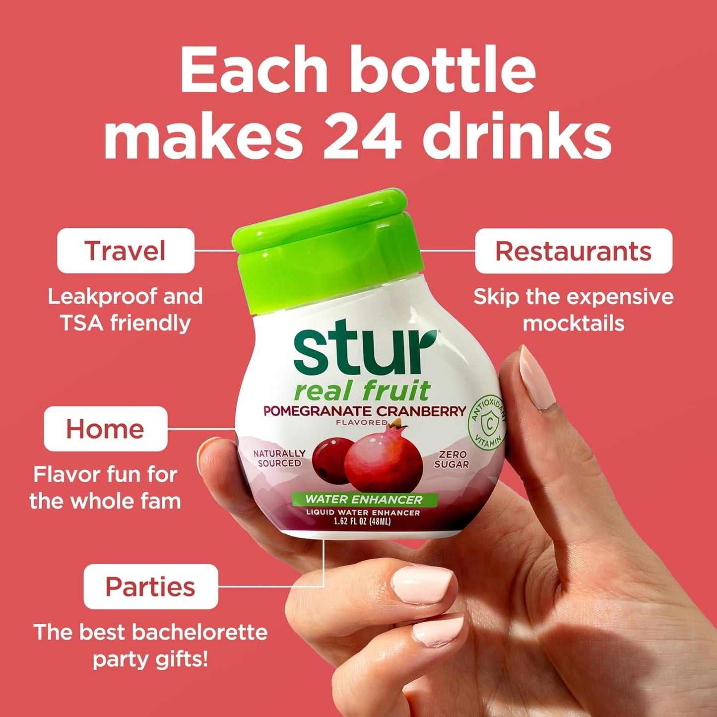 Stur Liquid Water Enhancer | Pomegranate Cranberry | Naturally Sweetened | High in Vitamin C & Antioxidants | Sugar Free | Zero Calories | Keto | Vegan | 5 Bottles, Makes 120 Drinks