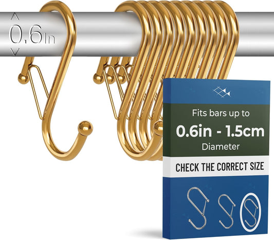 10-Pack Metal S Hooks for Hanging – Heavy-Duty S-Shaped Hooks with Safety Buckle – Fits Bars up to 0.6 In – Anti-Drop Hook for Kitchen, Pot Racks & Towel Bars – Gold (Small)