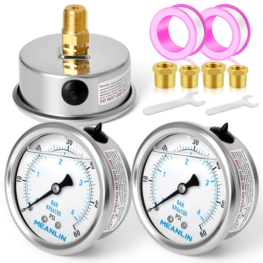 MEANLIN MEASURE 0~60Psi Stainless Steel 1/4" NPT 2.5" FACE DIAL,Liquid Filled Pressure Gauge,Pool Sand Filter Pressure Test Back Mount(Pack of 2) with 1/4" x 1/2" NPT and 1/4" x 3/8" NPT Hex Bushing