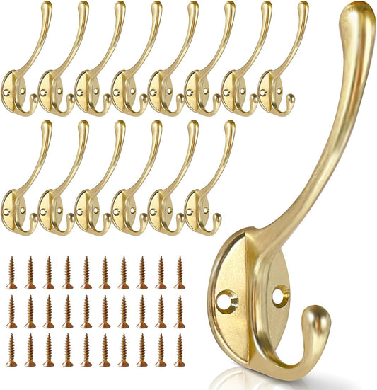 Wall Hooks for Hanging, 15-Pack Heavy Duty Metal Coat Hooks, for Living Room, Bathroom, Kitchen, Bedroom for Towel, Hat, Key, Closet, Bag (Gold)