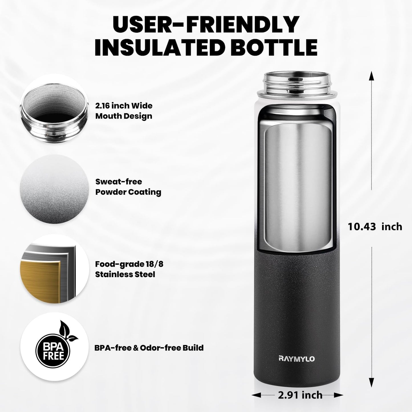 Insulated Water Bottle 24oz, Triple Wall Vacuum Stainless Steel (Cold for 48 Hrs, Hot for 24Hrs), Leak Proof & Non-BPA, 24oz Hydro Water Flask with Paracord Handle & Straw Spout Lids
