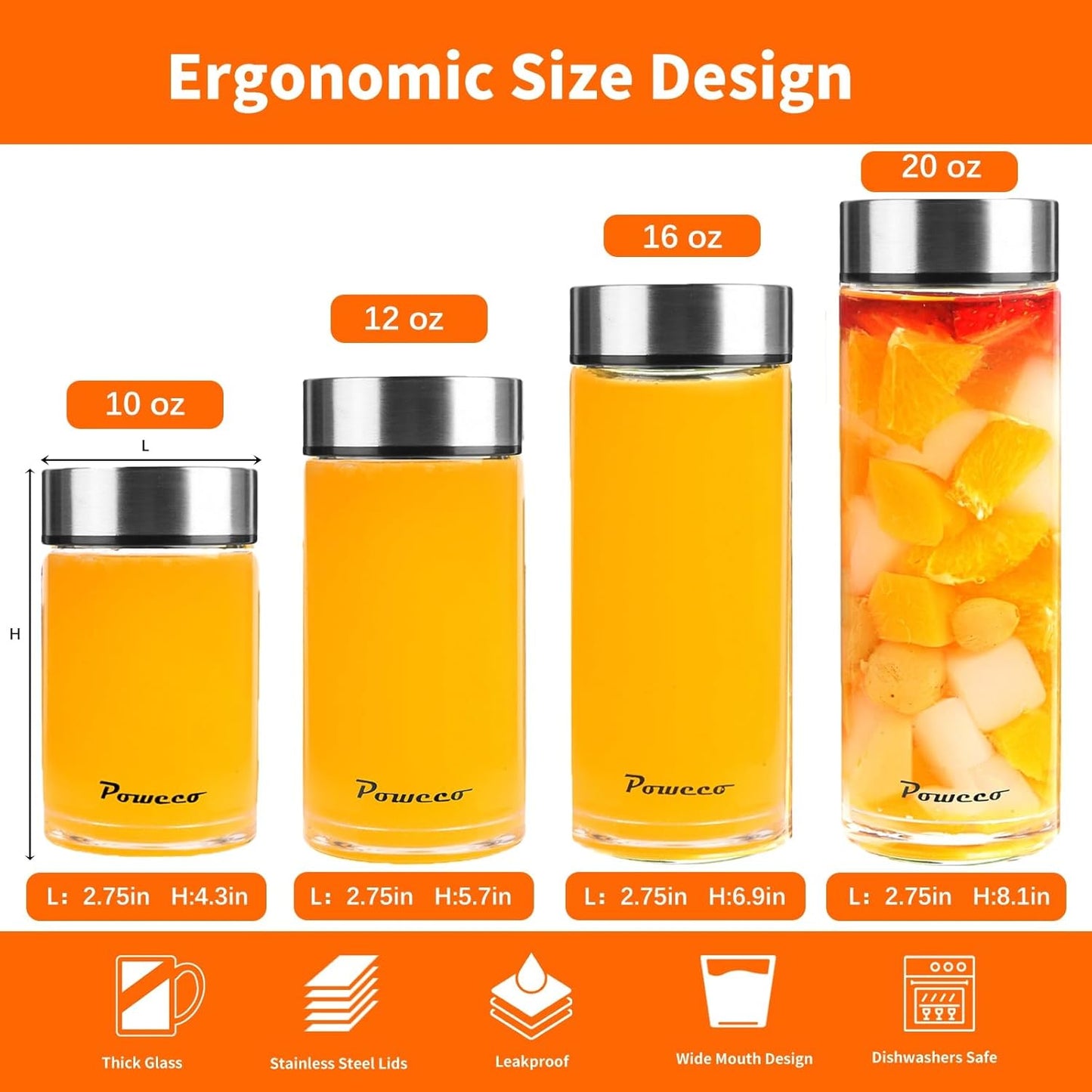 16oz Glass Juice & Water Bottles 4-Pack with Lids- Wide Mouth Reusable Borosilicate Glass- for Juicing, Smoothies, Protein Shakes, Blender & Shaker Bottle- Refillable & Dishwasher Safe(16 oz/500ml)