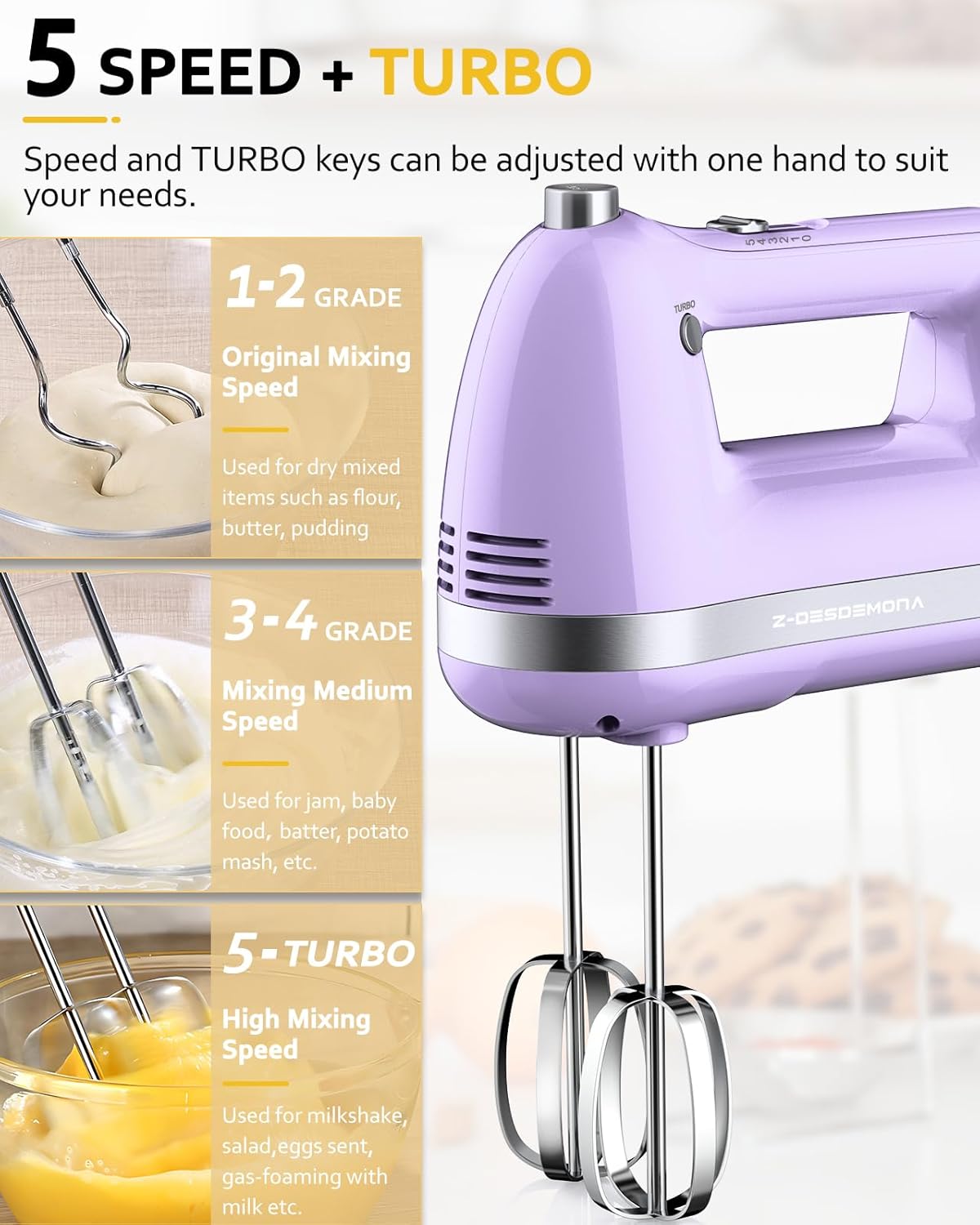 Electric Hand Mixer, Powerful 300W Hand Mixer Electric Handheld with 304 Beaters, Dough Hook,Hand Held Mixer with Turbo for Baking Cakes, Eggs, Cream Food(Purple)