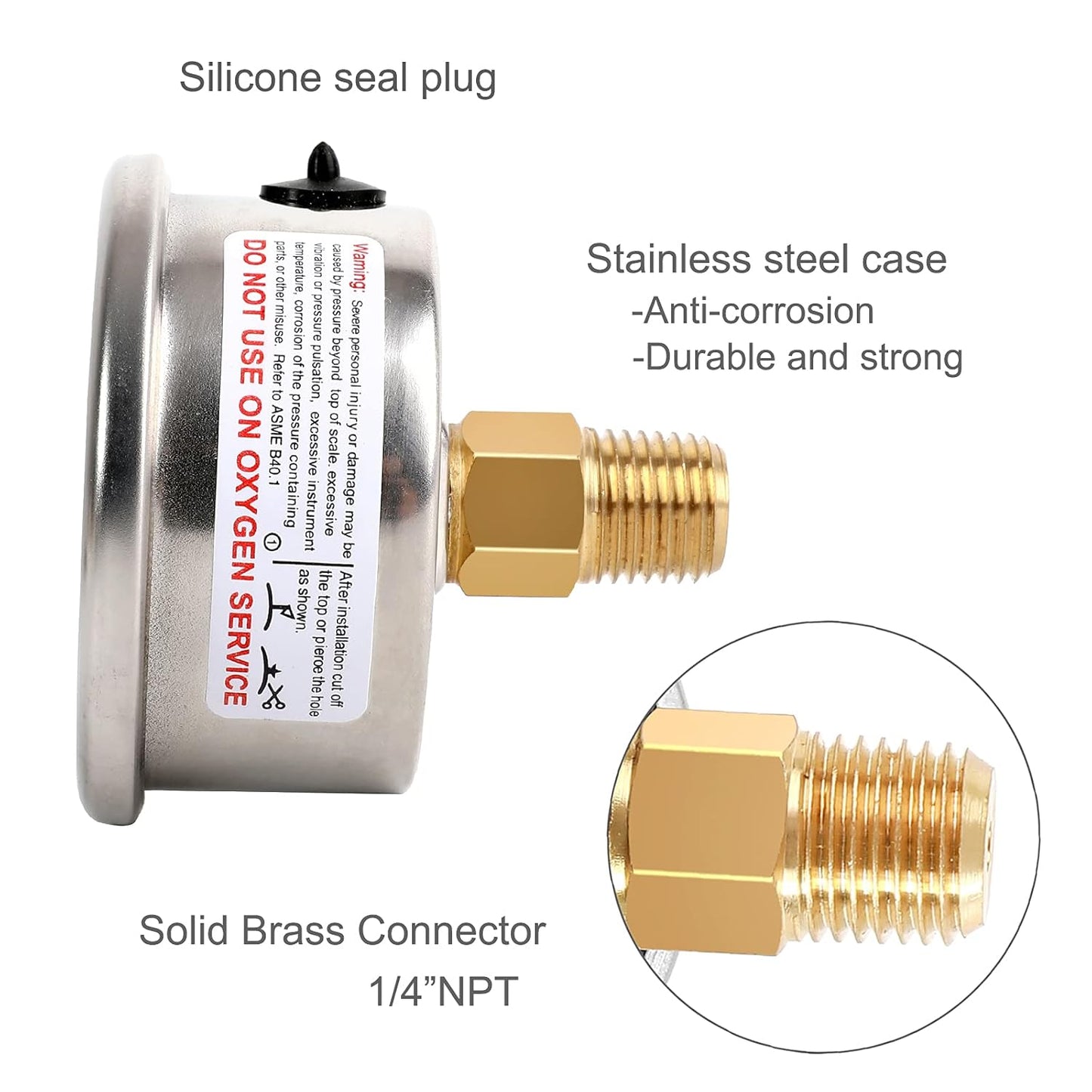 Glycerin Filled Pressure Gauge 200psi/14bar, Stainless Steel case, Brass Inside Construction, 2-1/2" dial, 1/4" NPT Back Connection.…