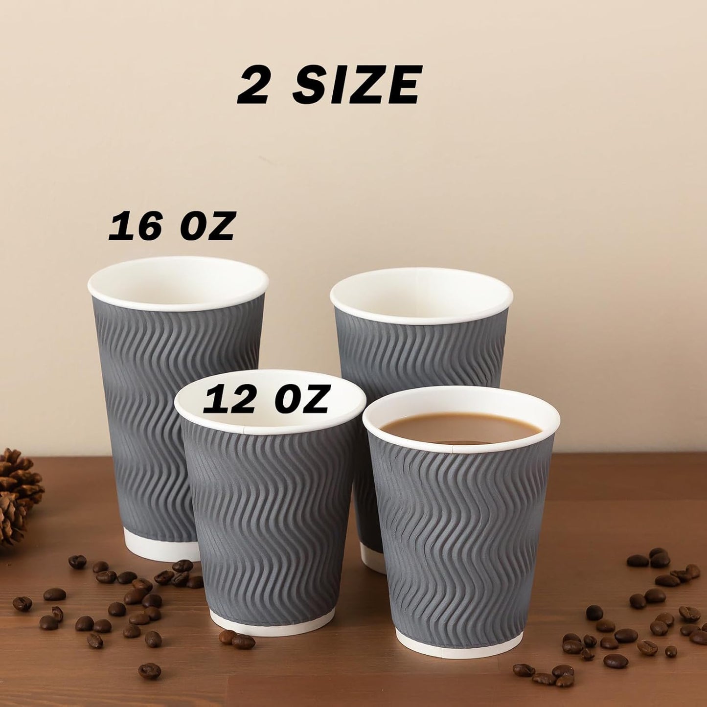 90 Pack 16 oz Disposable Coffee Cups No Lids, Gray Insulated Ripple Wall Paper Coffee Cups 16oz, Corrugated Beverage Paper Cups, To Go Cups for Hot Chocolate Tea Home Travel Office
