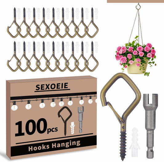 100 PCS Bronze Eye Screw Hooks for Hanging Heavy Duty with Safety Buckle.Metal Ceiling Hooks for Hanging Plants Cup Wind Chime Bird Feeders Patio Lights at Indoor&Outdoor