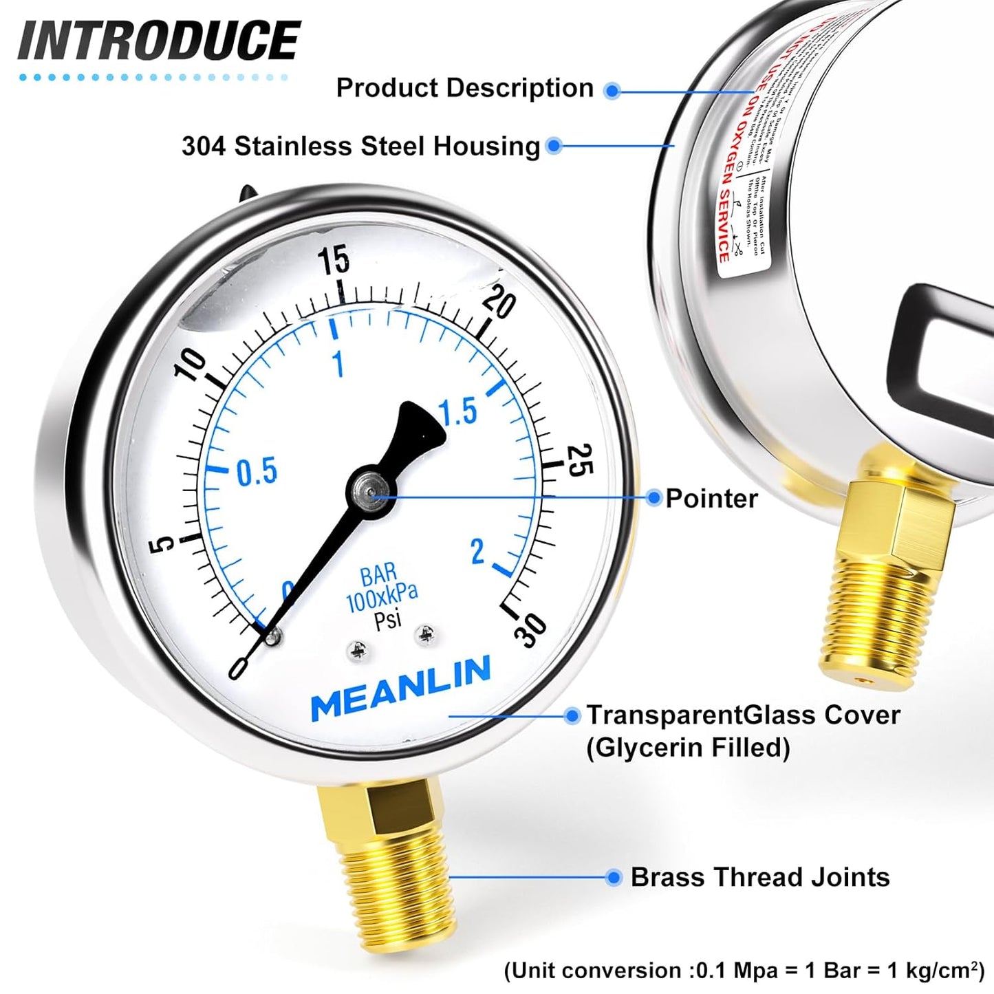 MEANLIN MEASURE 0~30Psi Stainless Steel 1/4" NPT 2.5" FACE DIAL,Liquid Filled Pressure Gauge,WOG Water Oil Air Lower Mount (Pack of 2), with 1/4" x 1/2" NPT and 1/4" x 3/8" NPT Hex Bushing