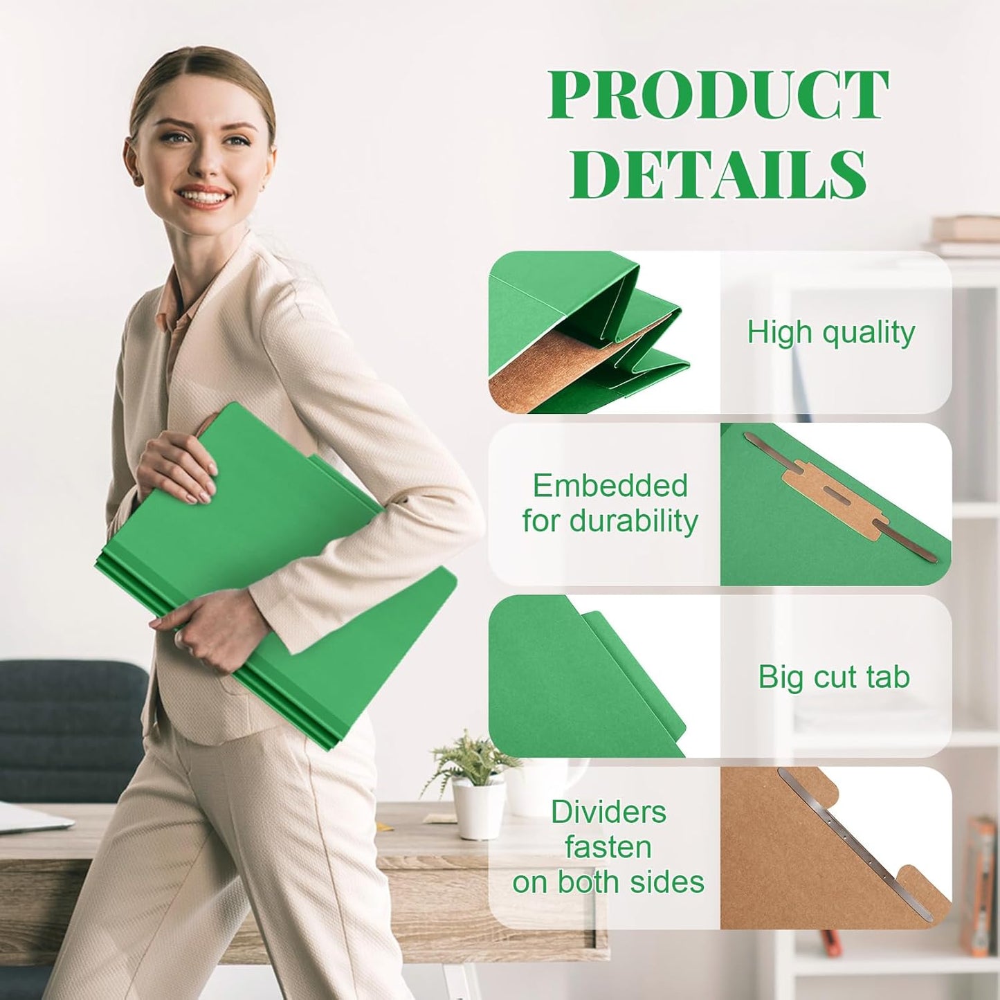 12 Pcs Classification Folders Letter Size, Back to School Supply for Teacher, Student, 1 Divider Pressboard File Folder Bulk with 2 Fasteners, 3.5 Inch Expanding File Organizer (Green)