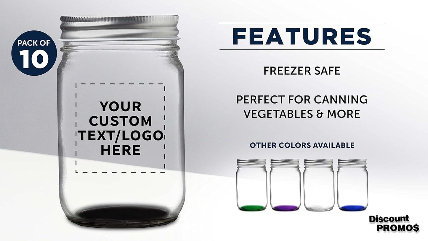 DISCOUNT PROMOS 10 Decorating Mason Jars Set, 12 oz. - Customizable Text, Logo - Canning, Aluminum Lid - Black