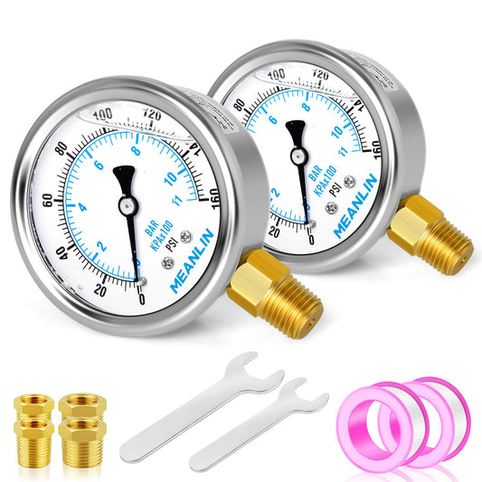 MEANLIN MEASURE 0~160Psi Stainless Steel 1/4" NPT 2.5" FACE DIAL Liquid Filled Pressure Gauge WOG Water Oil Air Lower Mount (Pack of 2), with 1/2" NPT and 3/8" NPT Hex Bushing