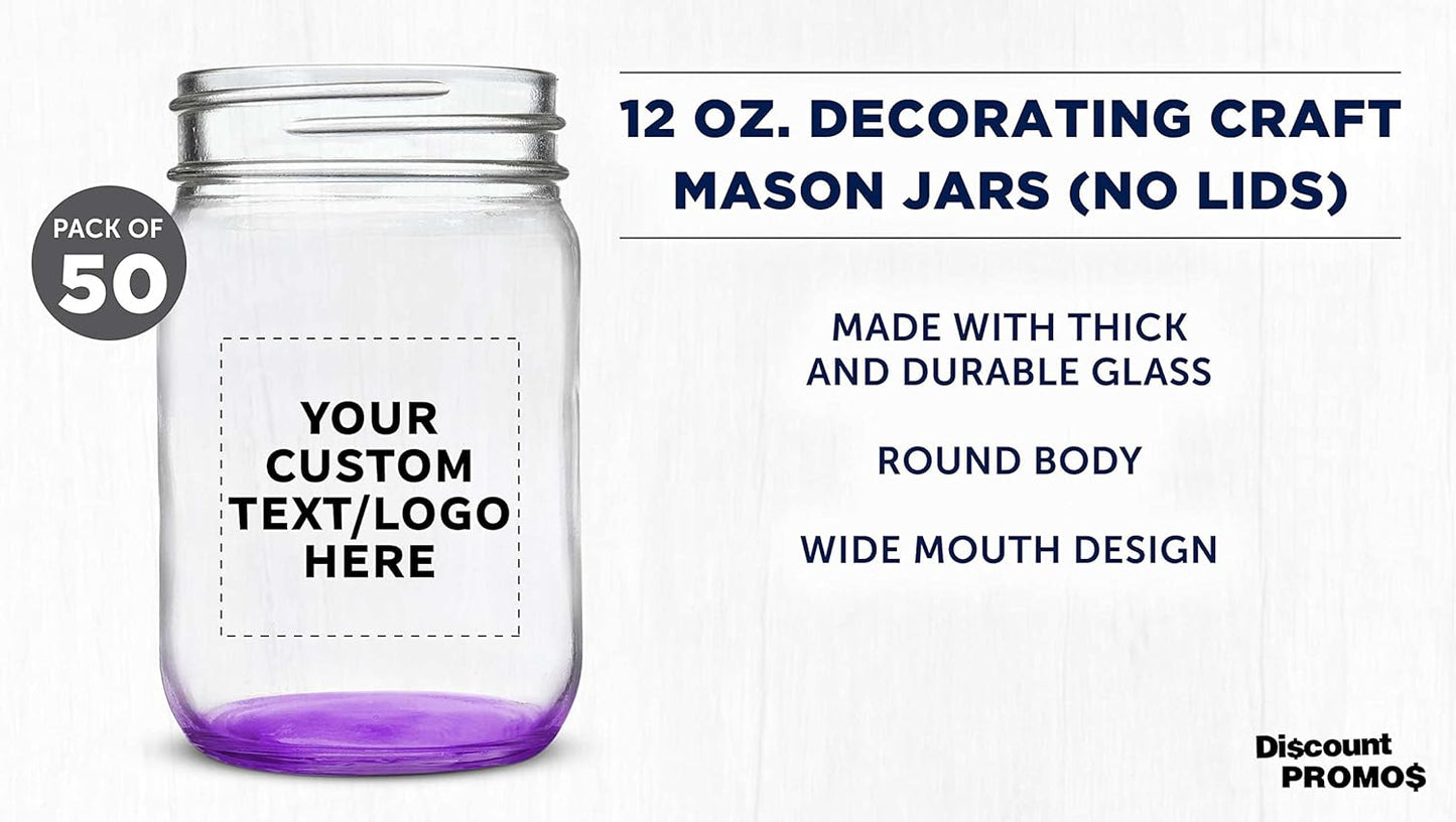 DISCOUNT PROMOS Custom Decorating Mason Jars 12 oz. Set of 50, Personalized Bulk Pack - Glass Jars for Overnight Oats, Candies, Fruits, Pickles, Spices, Beverages - Purple