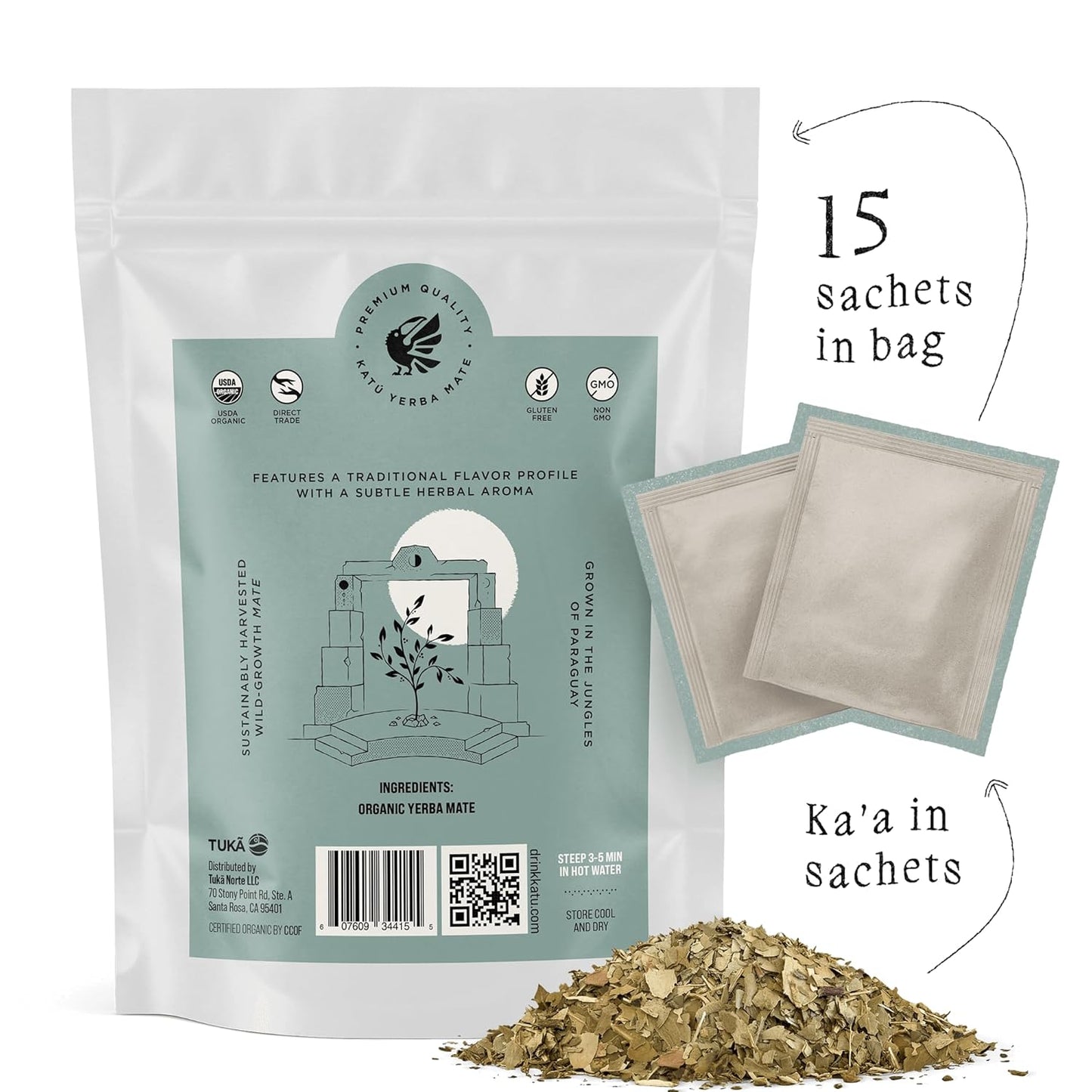Katú Ka'a Teabags, Premium Organic Raw Yerba Mate Tea, Air-Dried, Unroasted, Smooth Traditional Taste, Natural Energy, 15 Sachets