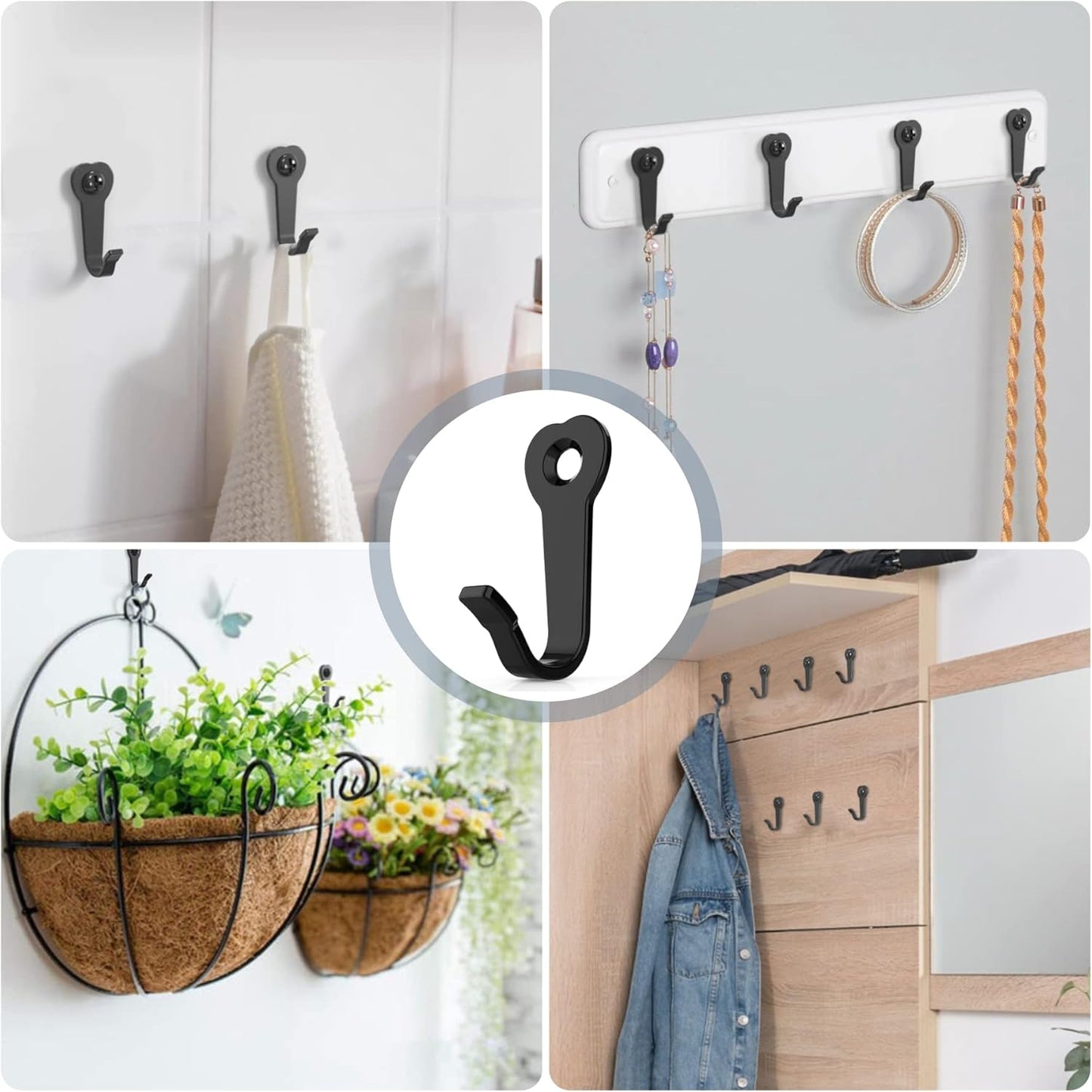 15 Utility Hooks Wall Mounted with 30 Screws - Black Heavy Duty Hooks for Coat, Robe, Bag, Key | Garage Entryway Hanging Organizer, Closet & Bathroom Hardware