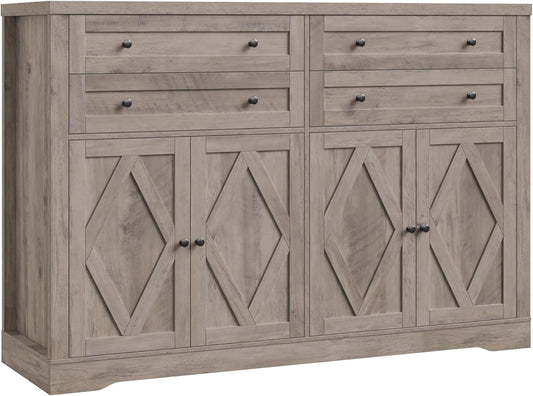 HOSTACK 55" Coffee Bar with 4 Large Drawers, 40" Tall Buffet Cabinet with Storage, Kitchen Storage Cabinet, Modern Farmhouse Sideboard Buffet, Adjustable Shelves for Living Room, Ash Grey