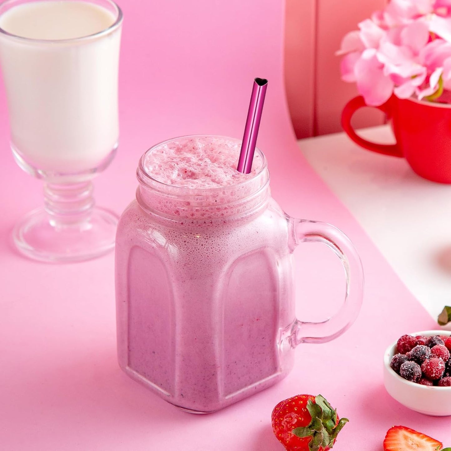 NiHome 16-Pack Heart-Shaped Stainless Steel Drinking Straws with 2 Cleaning Brushes, 8.5" Long Reusable Straws for Stanley Tumbler 14oz, Dishwasher Safe, Safe Edges for Kids (Pearl Hot Pink)