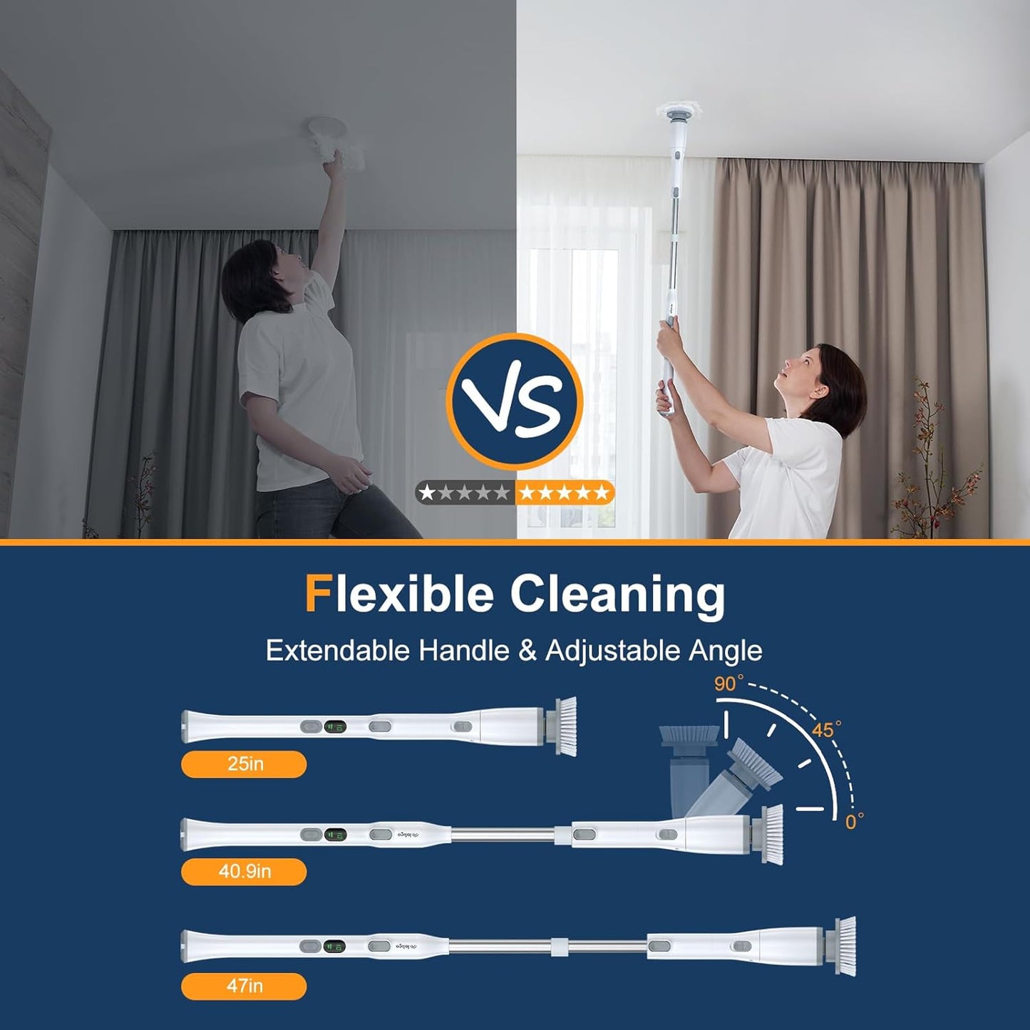 LABIGO Electric Spin Scrubber LA2 Pro, Shower Power Cleaning Brush with Display and 4 Replaceable Heads,2 Adjustable speeds, 3 Extension Handle, for Bathroom Floor Tile