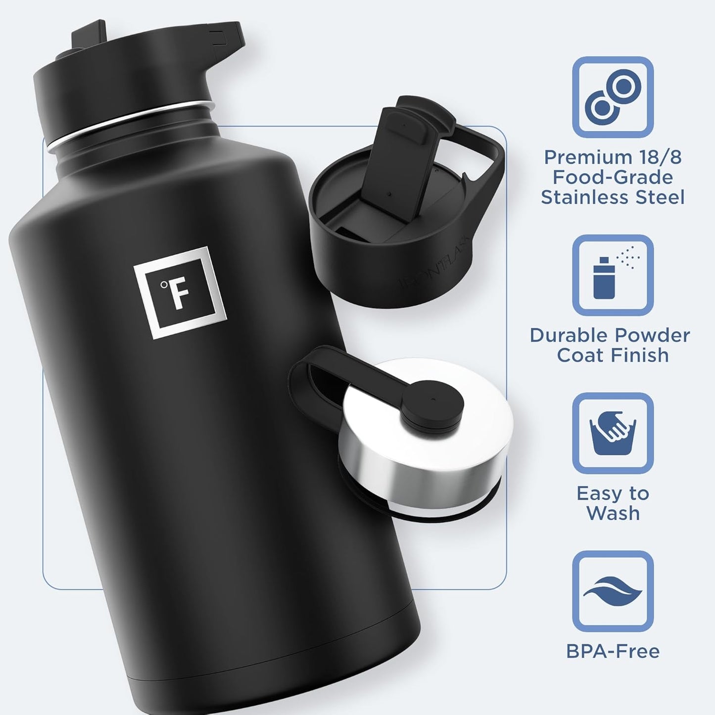 IRON °FLASK Camping & Hiking Hydration Flask with 3 Lids - Stainless Steel, Double Walled & Vacuum Insulated Water Bottle - Leak Proof & BPA Free (Graphite, Straw - 64 oz)