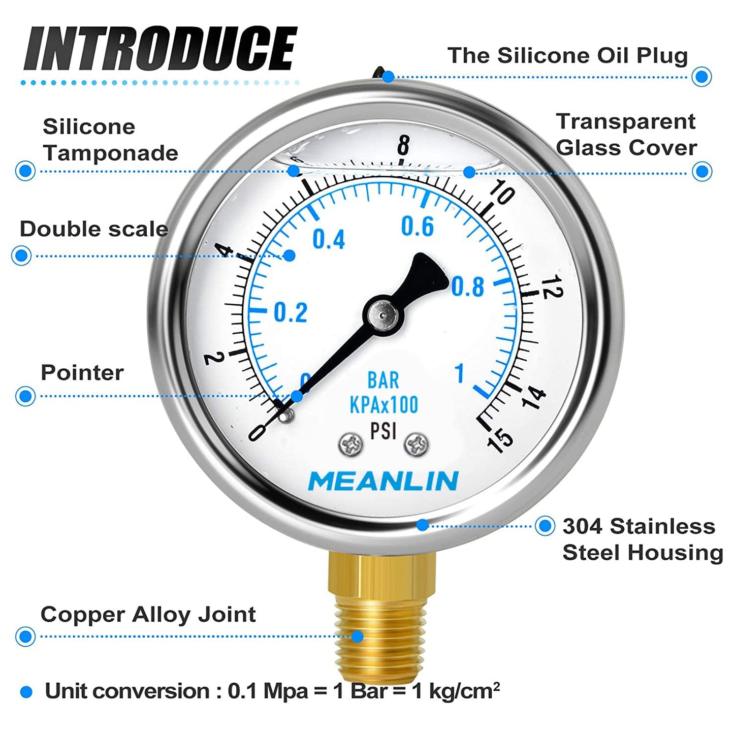 MEANLIN MEASURE 0~15Psi Stainless Steel 1/4" NPT 2.5" FACE DIAL Liquid Filled Pressure Gauge WOG Water Oil Air Lower Mount (Pack of 2), with 1/2" NPT and 3/8" NPT Hex Bushing