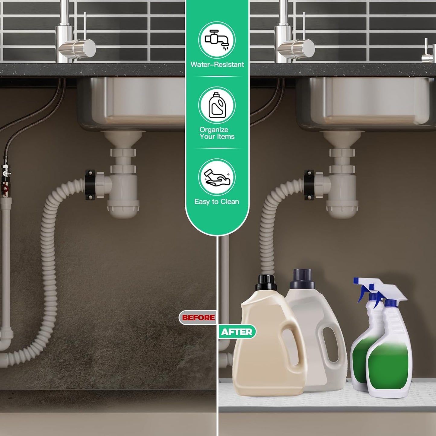 TRZZ Silicone Waterproof Under Sink Mat 28" x 19", Drip Tray and Cabinet Liner for Kitchen and Bathroom, Prevents Water Damage and Organizes Cabinets (Khaki)