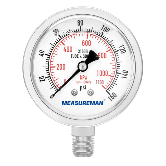 MEASUREMAN Fully Stainless Steel Hydraulic Glycerin Filled Pressure Gauge, 2-1/2" Dial Size,0-160psi/kpa,1/4" NPT Lower Mount
