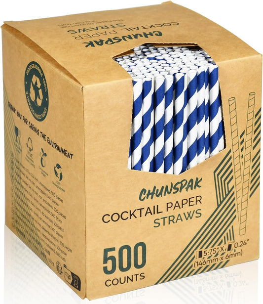 5.75 inch Navy Blue Short Paper Cocktail Straws & Stirrer Sticks 500 Counts - for Bars and Restaurants