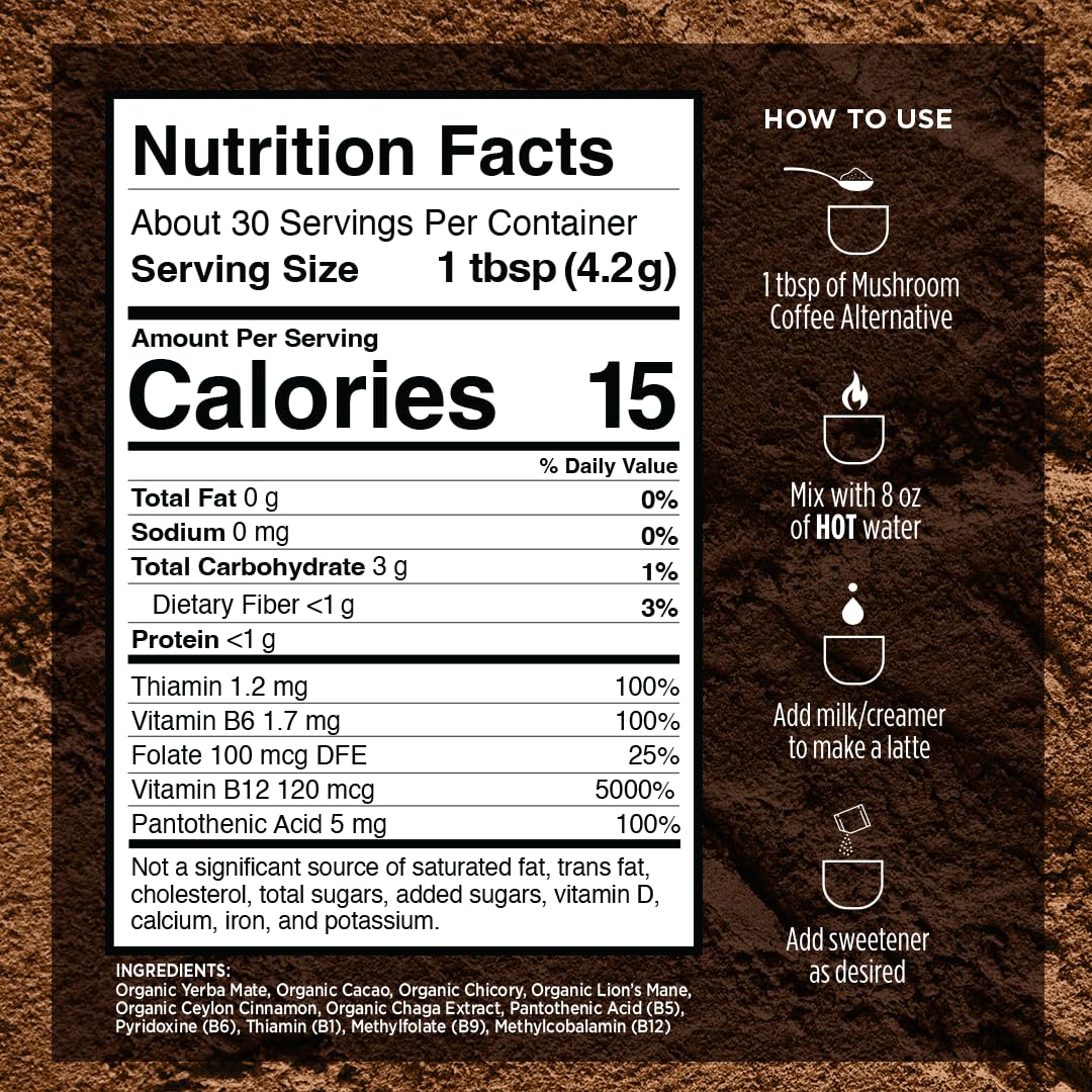 VitaCup Mushroom Coffee Alternative Instant Drink Mix | Mushroom Coffee Substitute for Natural Energy & Focus | Lion’s Mane, Yerba Mate, & Chaga | Cacao, Cinnamon, & B Vitamins | 2 Bags, 60 Servings