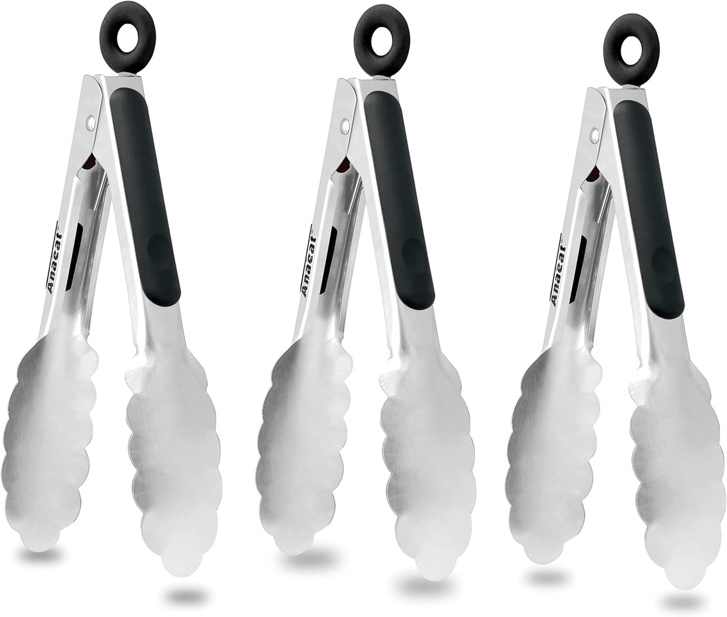 Anaeat 3 Pack 7" Mini Stainless Steel Cooking Tongs - Sturdy Coiled Spring Locking Kitchen Food Tong with Non-Slip Silicone Grip for Serving, Cooking, Baking - Heat Resistant up to 480°F (Black)
