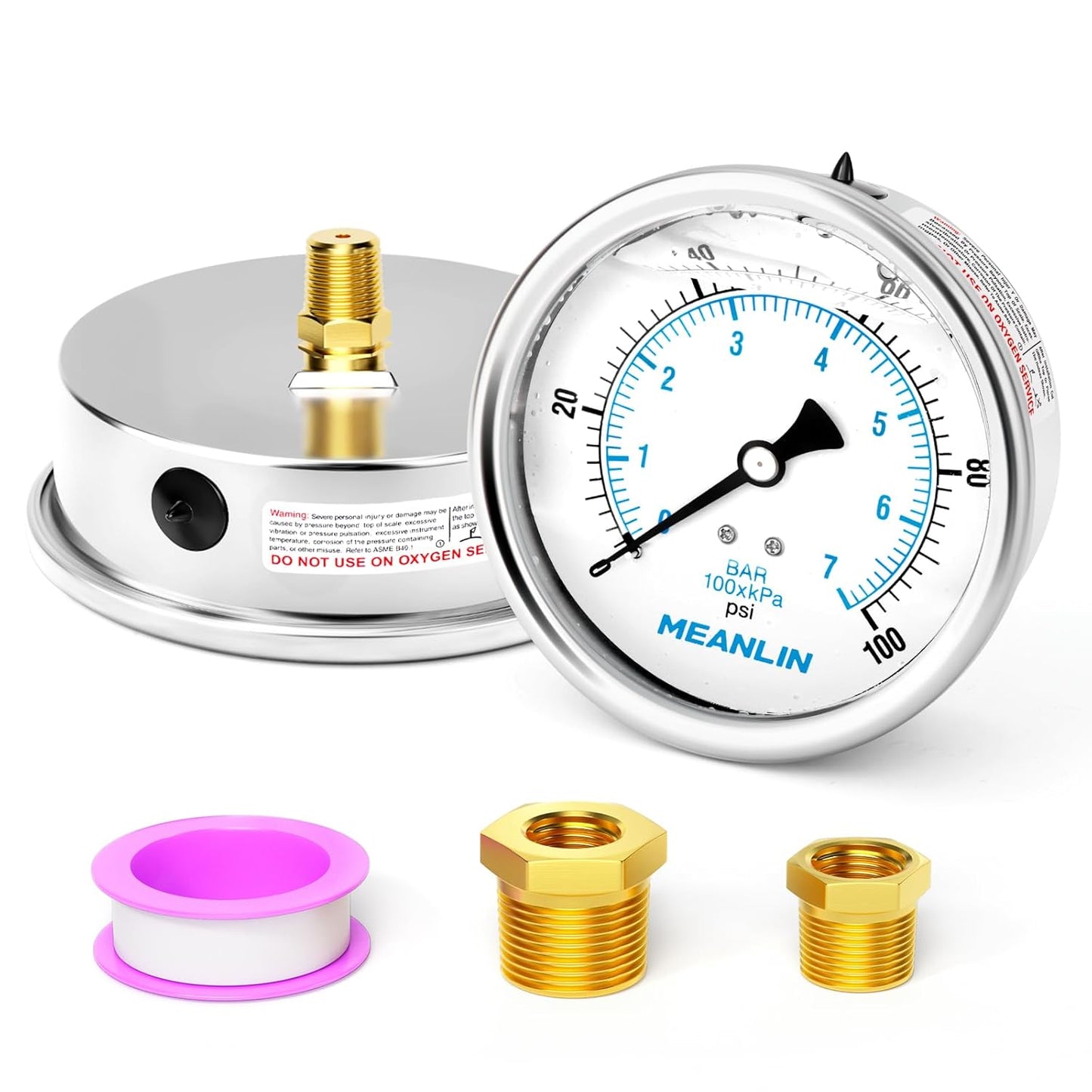 MEANLIN MEASURE 0~100Psi Stainless Steel 1/4" NPT 4" FACE DIAL Liquid Filled Pressure Gauge WOG Water Oil Air Back Mount, with 1/4" x 1/2" NPT and 1/4" x 3/8" NPT Hex Bushing