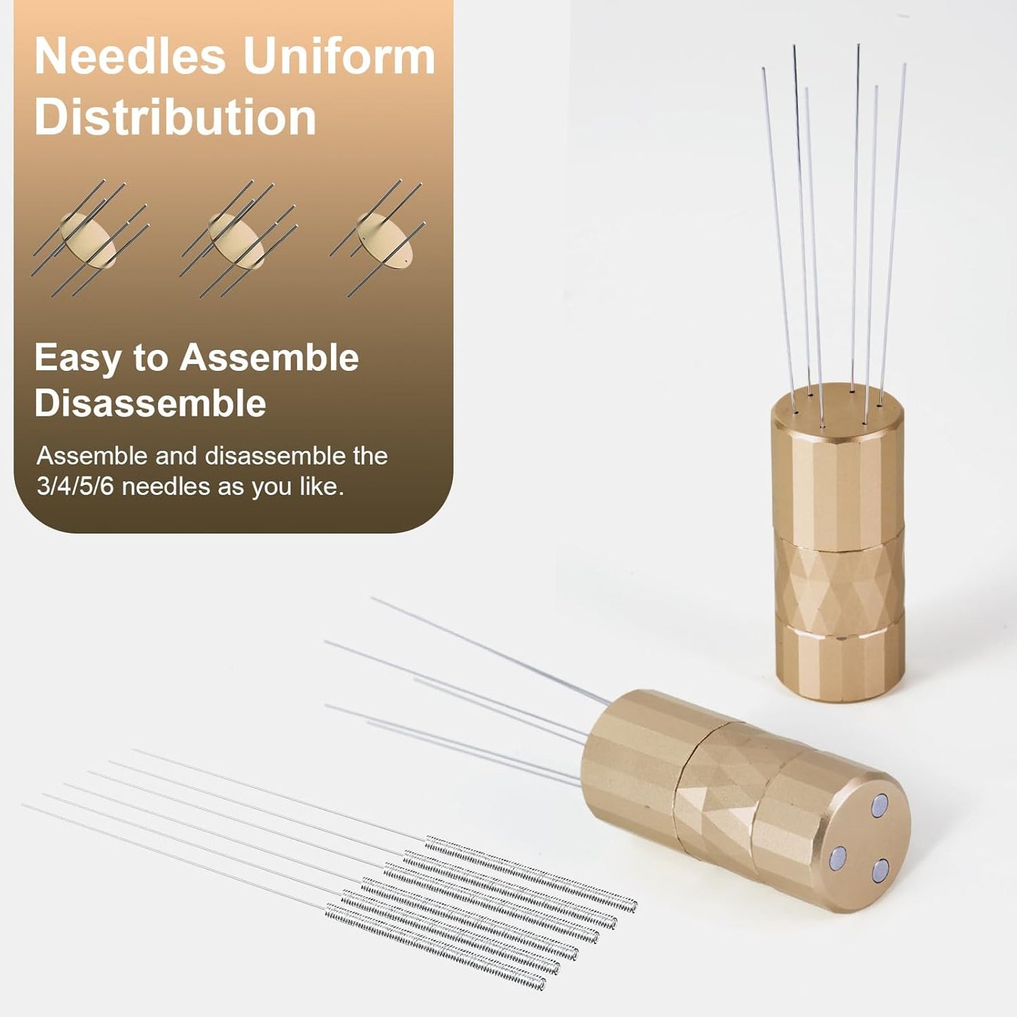 WDT Tool Espresso Distribution Tool, Coffee Distribution Tool with Magnetic Stand, Espresso Accessories with 6 Extra Φ0.25mm Stainless Steel Needles for Barista (Rich Gold, Φ0.25mm)