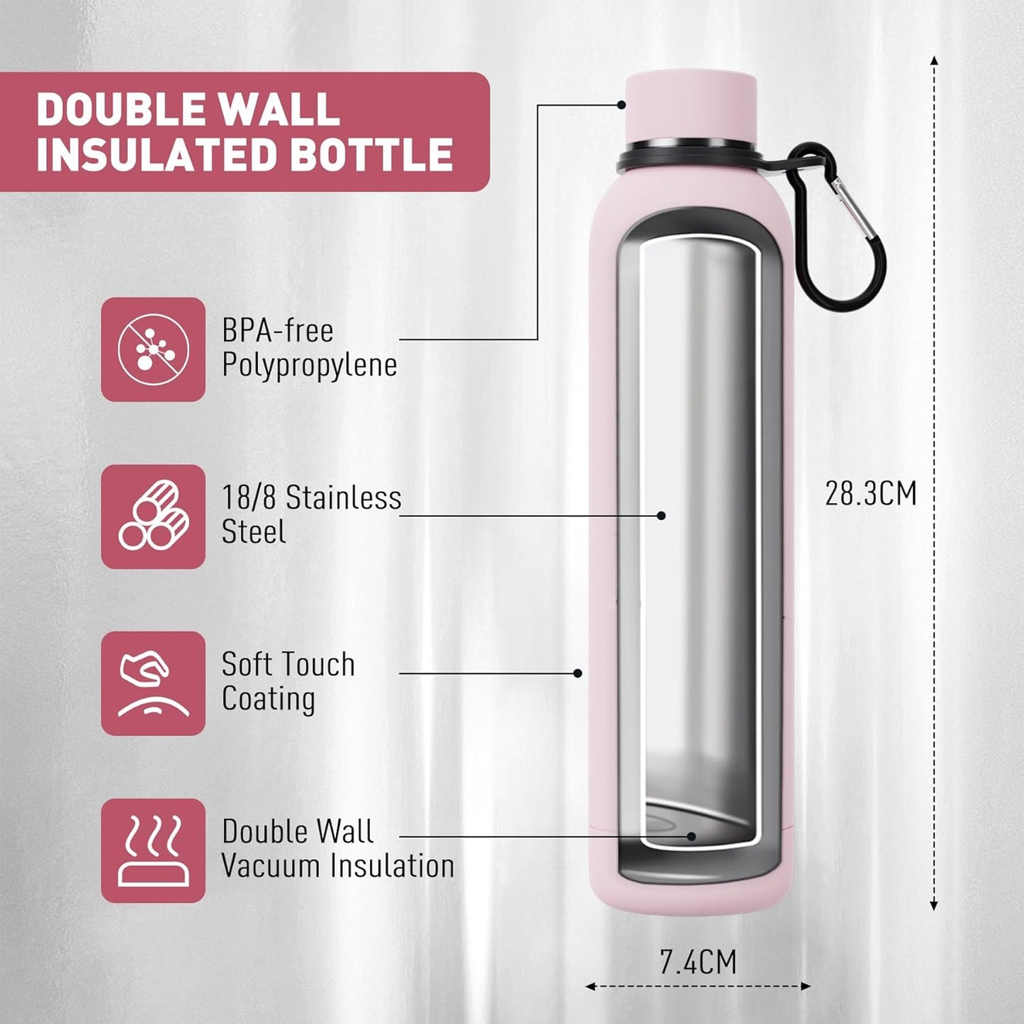 Slim Insulated Water Bottles for Travel 25oz with Clip, Double Wall Vacuum Stainless Steel Water Bottle Keeps Drinks Cold 24 Hrs/Hot 12 Hrs, 100% Leakproof, BPA Free(Pink)