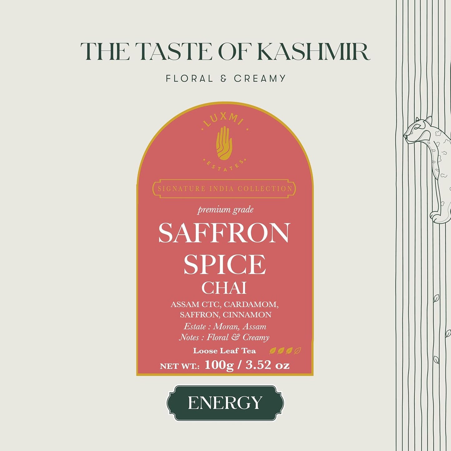 Luxmi Estates Saffron Chai | 100 gm | Signature India collection | Assam CTC Tea | Black tea collection | Saffron chai Organic Strong tea | Antioxidants | Assam Valley tea | Kashmiri Saffron, Cinnamon, Natural Cardamom Extract