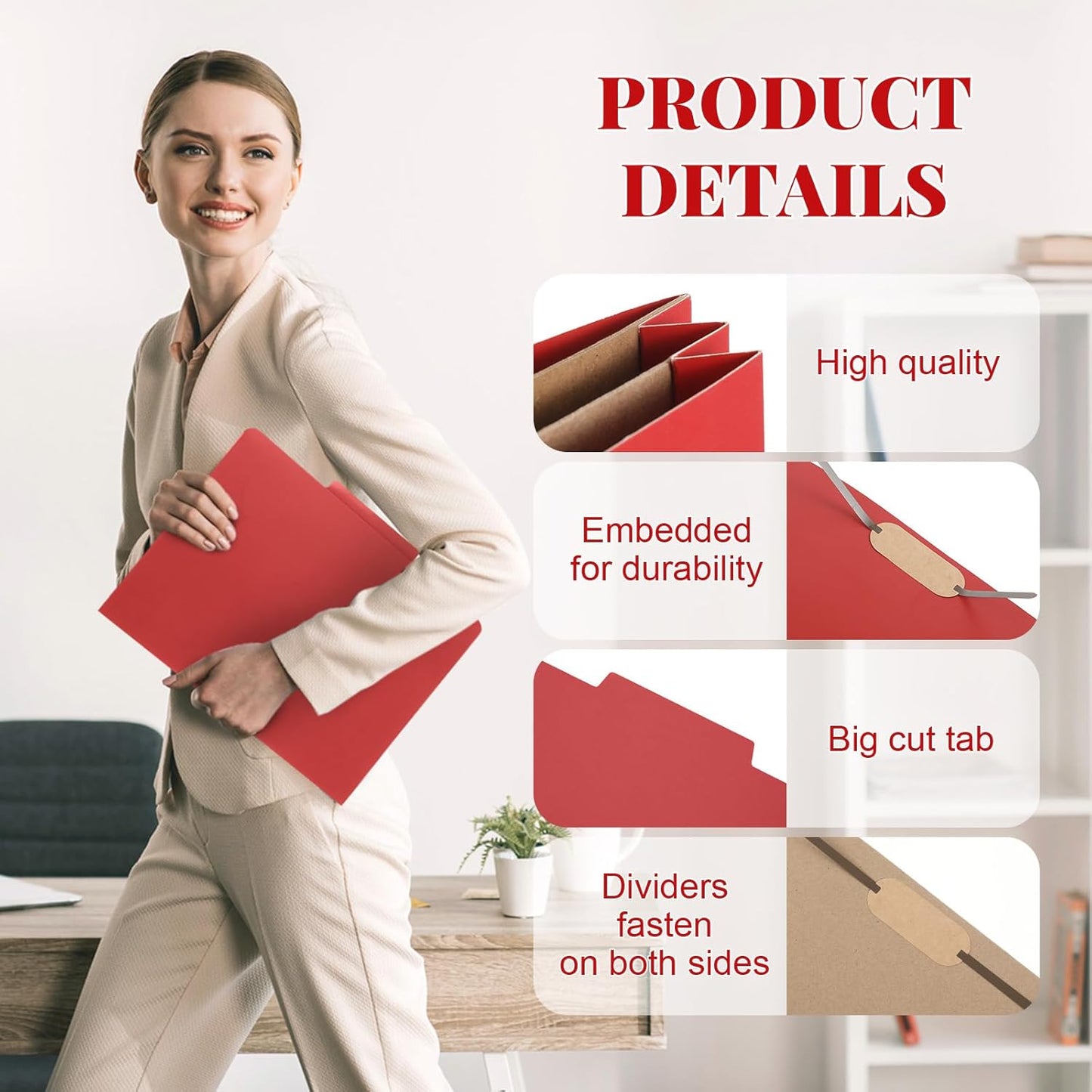 12 Pcs Classification Folders Letter Size, Back to School Supply for Teacher, Student, 2 Pocket Dividers Pressboard File Folder Bulk with 2 Fasteners, 2 in Expanding File Organizer (Red)