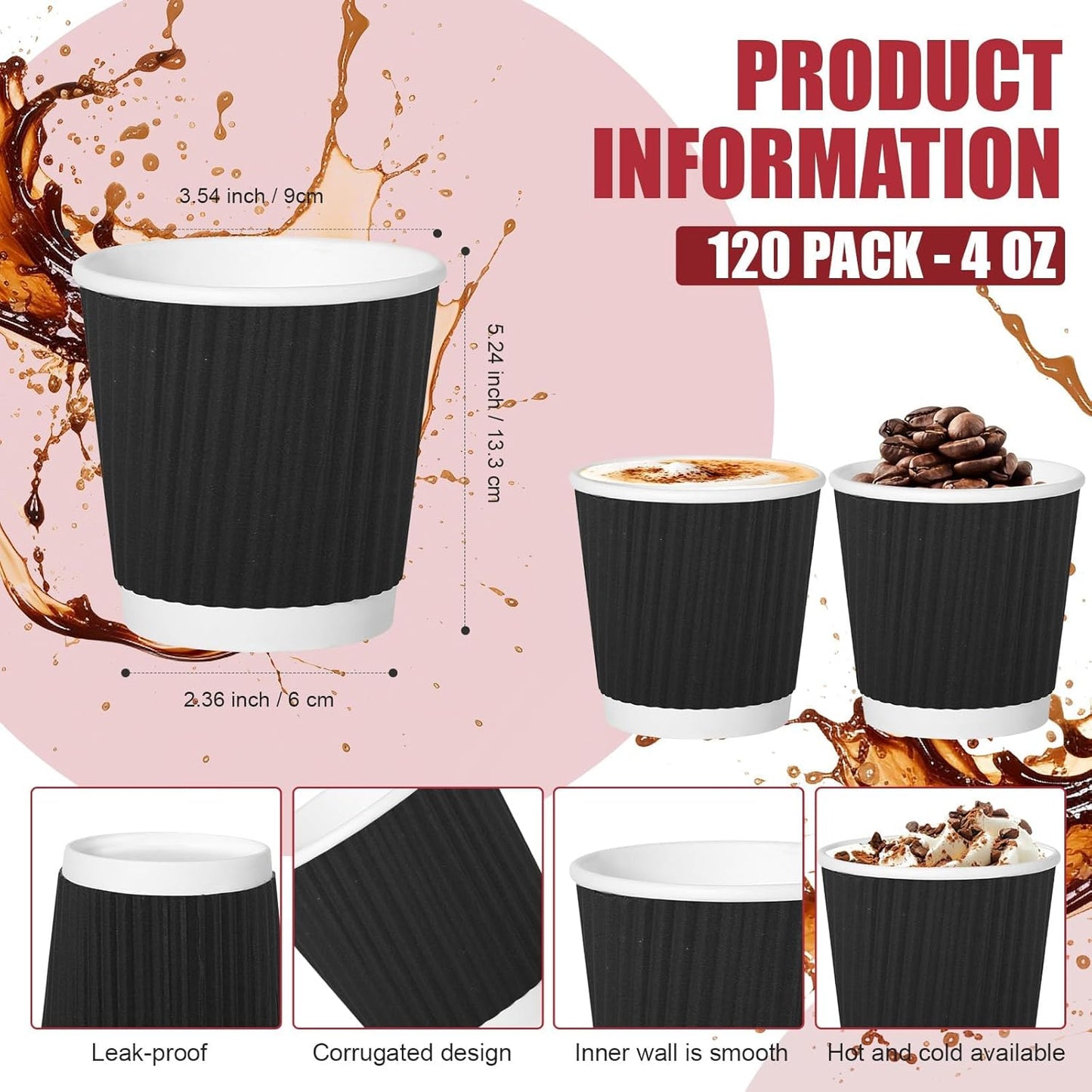 500 Pack Paper Espresso Coffee Cups, 4 oz Disposable Coffee Cups,Corrugated Insulated Ripple Wall, Paper Ripple Cup for Coffee, Hot Chocolate and Hot Tea Drinks -Black