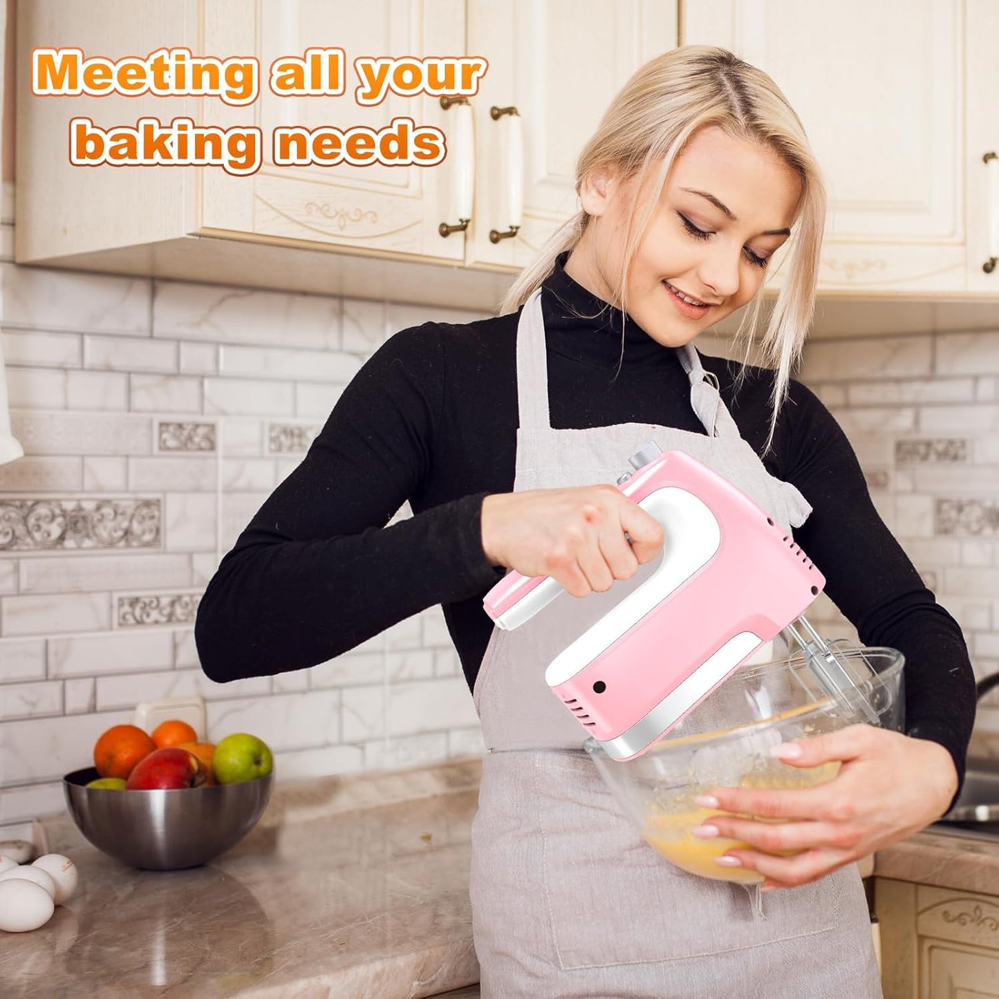 Hand Mixer Electric, 5-Speed Powerful 400W Motor, Hand Mixer Electric Handheld, Handheld Mixer with Turbo Boost & Storage Case, 2x Flat Beaters, 2x Dough Hooks, 1x Whisk for Baking (Pink)