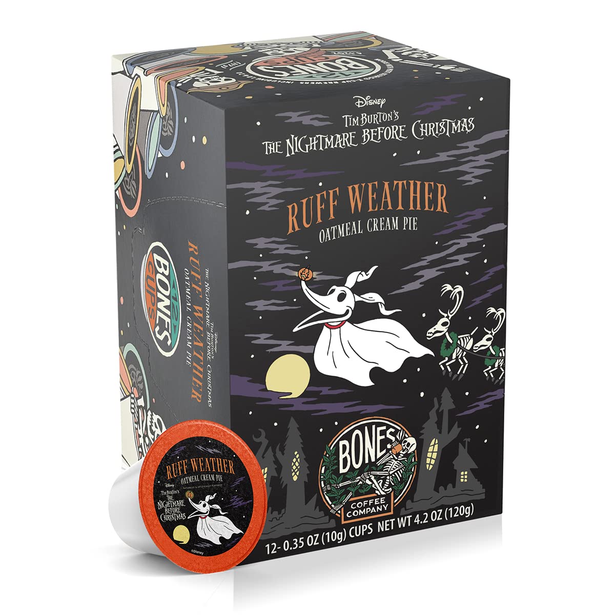 Bones Coffee Company Ruff Weather, Oatmeal Creampie Flavored Coffee Pods, Low Acid Medium Roast Single-Serve Bones Cups for K-Cups Brewers Coffee Maker from The Nightmare Before Christmas, 12 Count