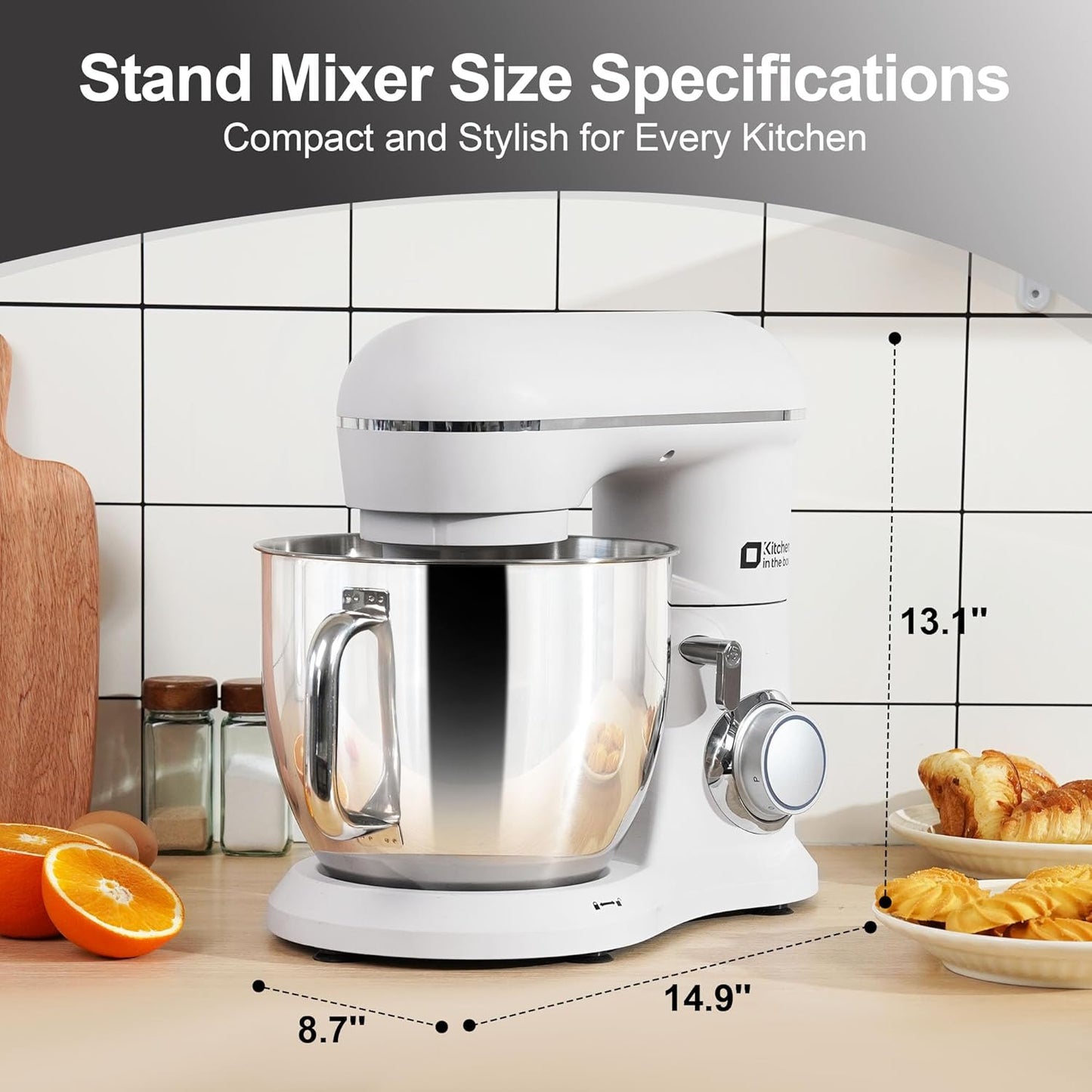 Kitchen in the box 7QT 900W 10-Speed Stand Mixer, Tilt-Head Kitchen Electric Mixer with Dough Hook, Whisk & Flat Beater(Frost White)