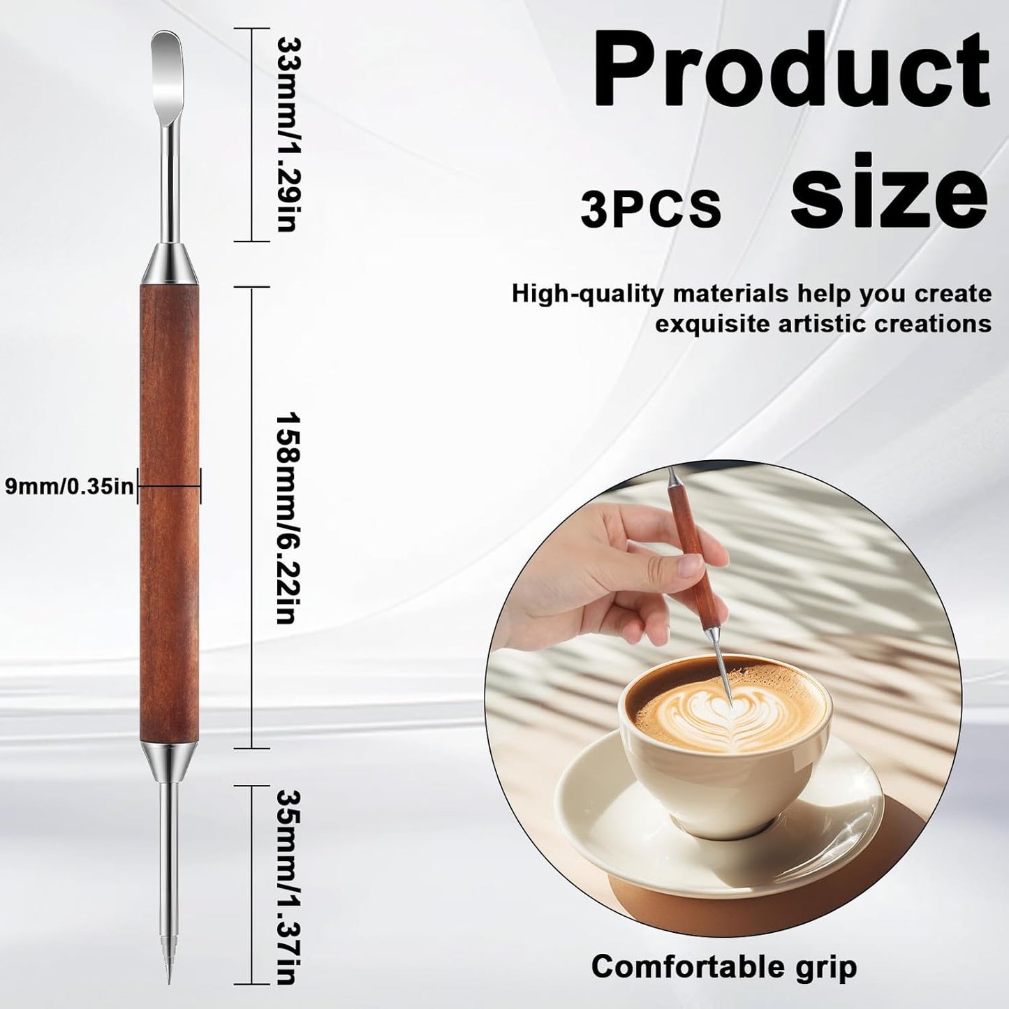 3 Pack Latte Art Pen Set Stainless Steel Latte Art Tools Coffee Drawing Tool with Wood Handle Double Ended Barista Accessories for Espresso Designs, Home and Cafe Use