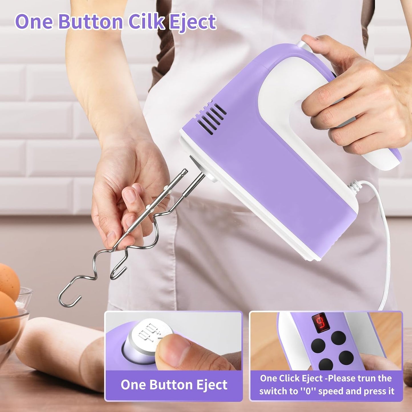 CBQ Hand Mixer Electric, 9 Speed 400W Handheld Mixer with Digital, Touch Button, Turbo, Storage Case, 5x Stainless Steel Accessories, Mixer Electric Handheld for Cake, Cookie, Egg (Lavender Purple)