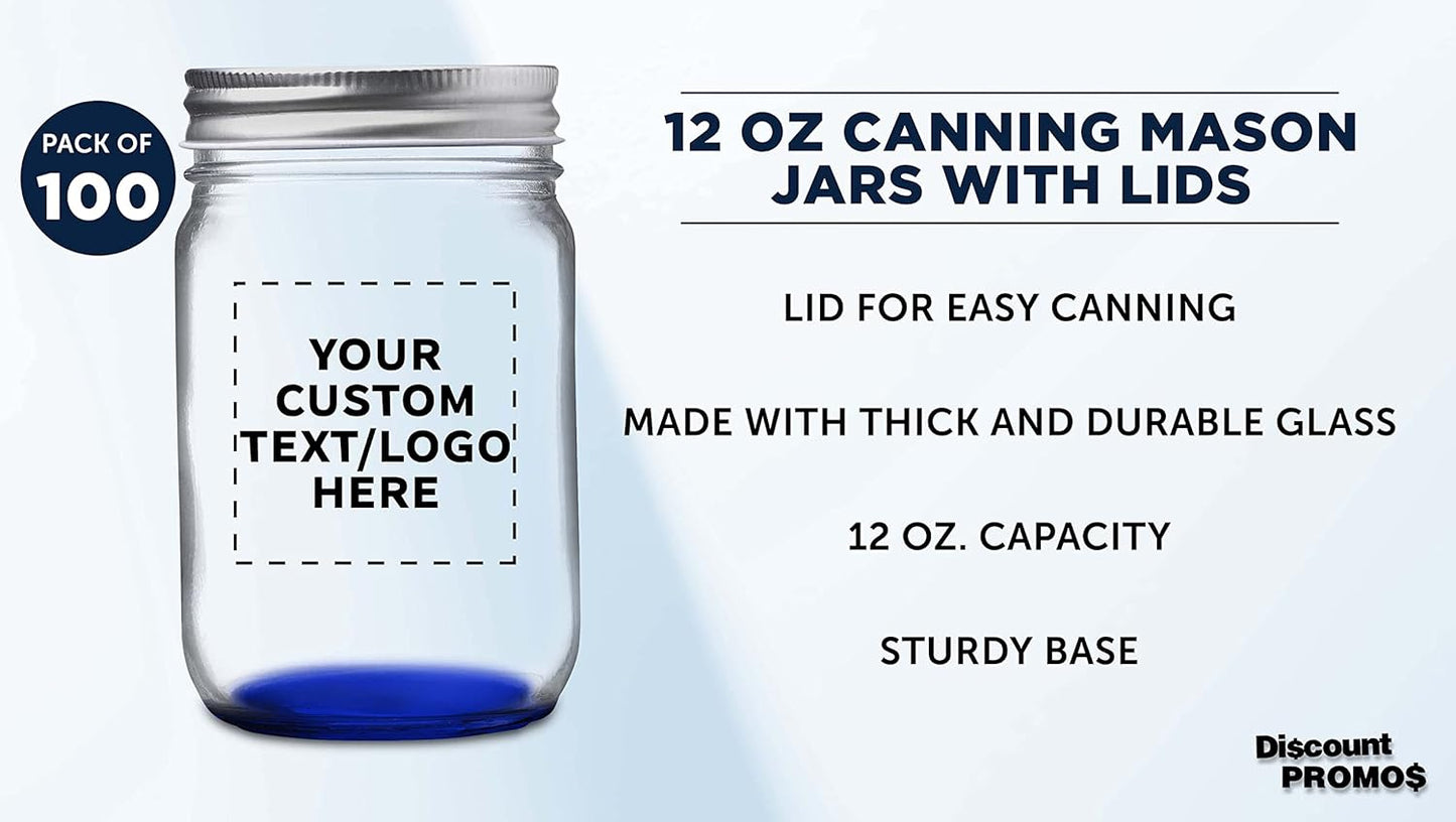 DISCOUNT PROMOS 100 Decorating Mason Jars Set, 12 oz. - Customizable Text, Logo - Canning, Aluminum Lid - Blue