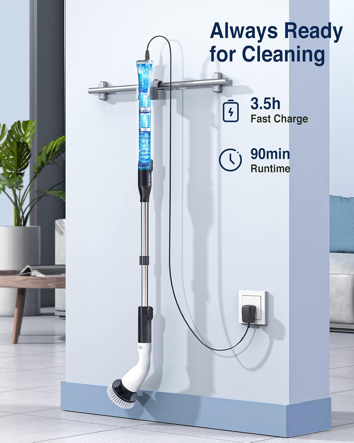 LABIGO Electric Spin Scrubber LA1 Pro, Cordless Spin Scrubber with 4 Replaceable Brush Heads and Adjustable Size Extension Handle Power Full Cleaning Brush for Bathroom Floor (Deep Black)