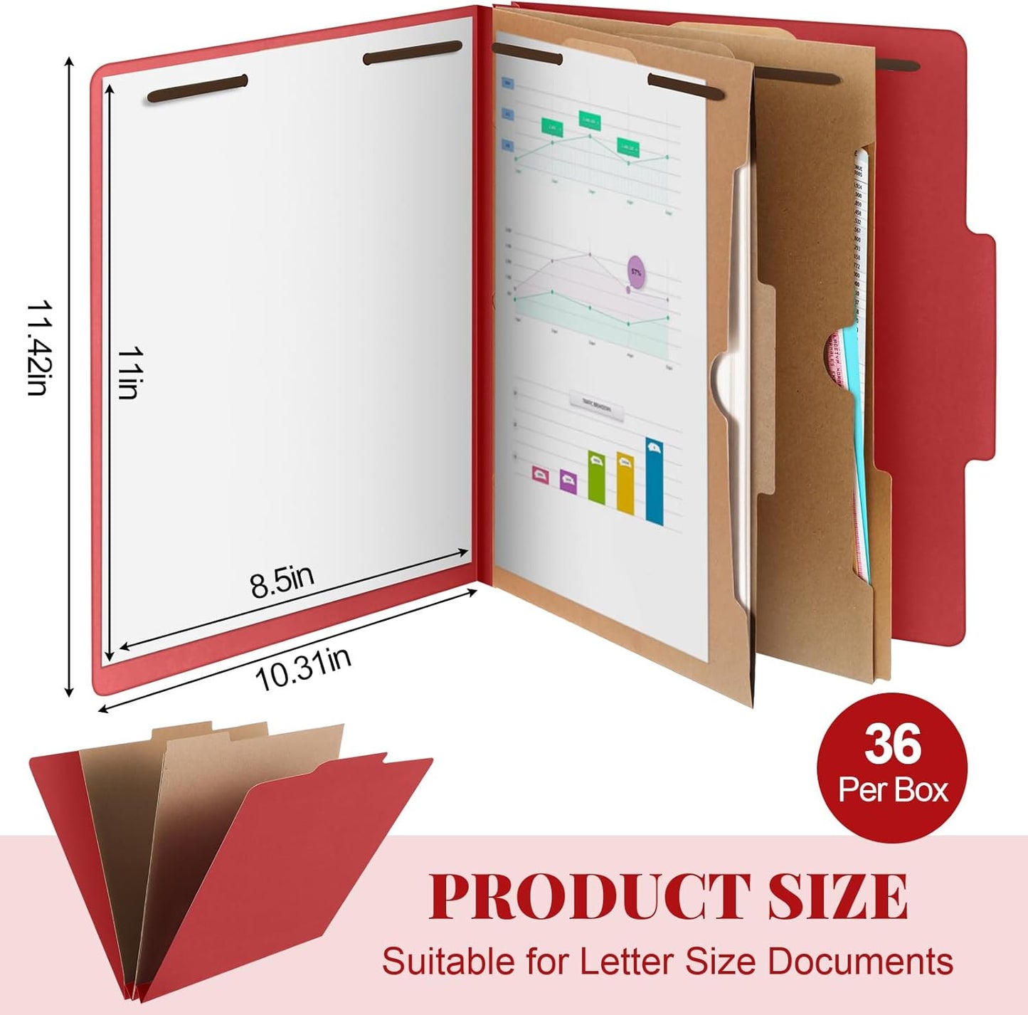 36 Pcs Classification Folders Letter Size, Back to School Supply for Teacher, Student, 2 Pocket Dividers Pressboard File Folder Bulk with 2 Fasteners, 2 in Expanding File Organizer (Red)