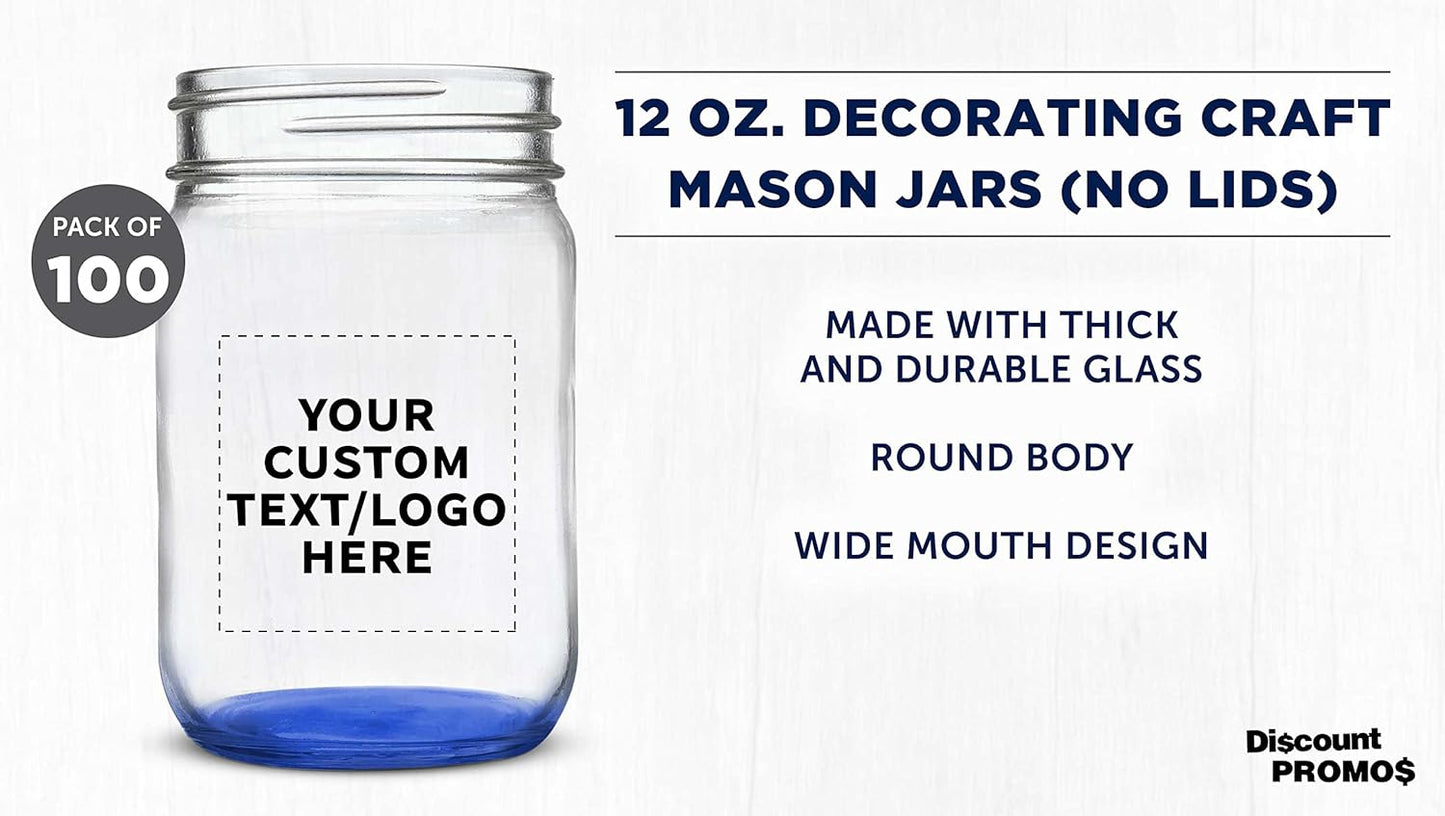 DISCOUNT PROMOS Custom Decorating Mason Jars 12 oz. Set of 100, Personalized Bulk Pack - Glass Jars for Overnight Oats, Candies, Fruits, Pickles, Spices, Beverages - Blue