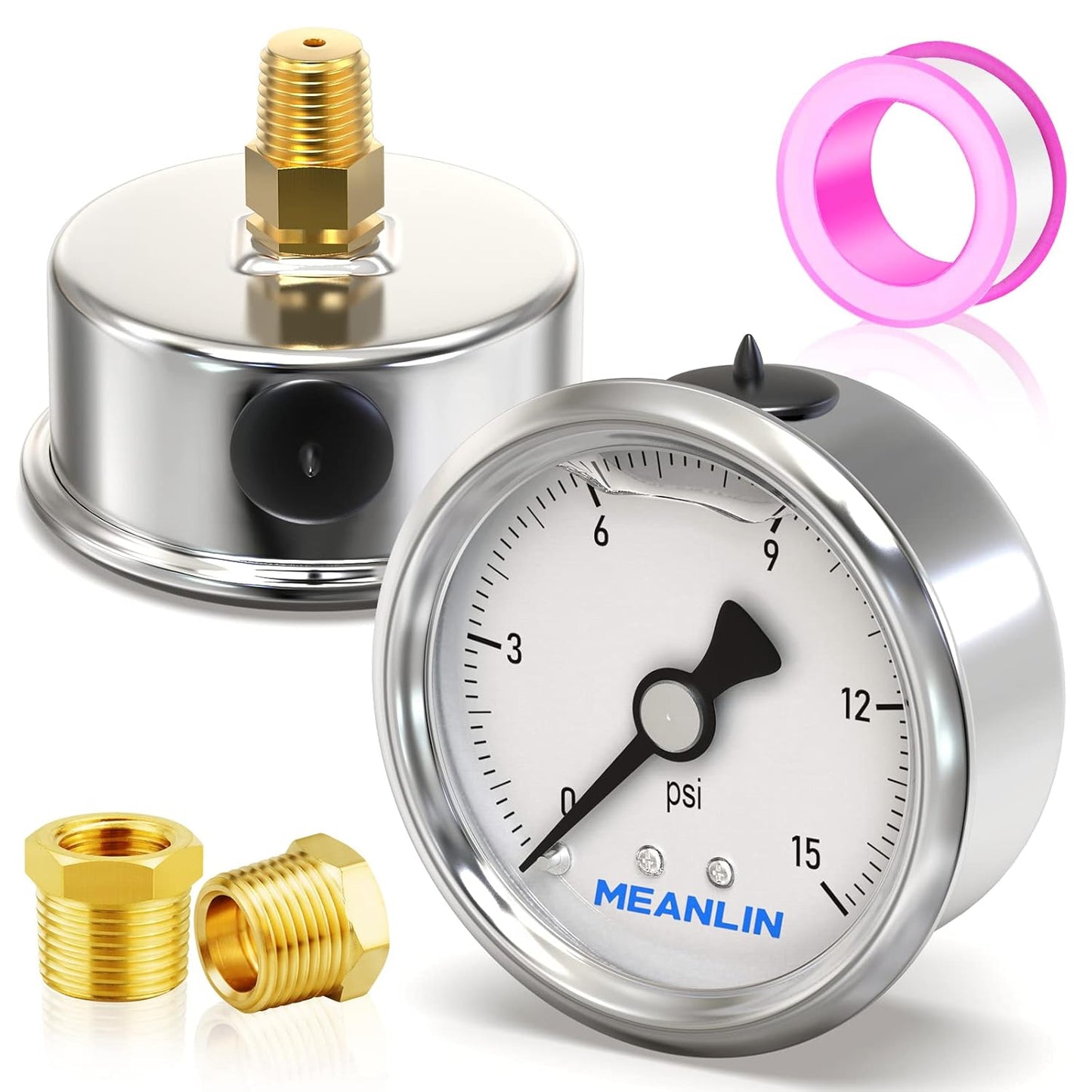 MEANLIN MEASURE 0~15Psi Stainless Steel 1/4" NPT 2.5" Single Scale FACE DIAL,Glycerin Filled Pressure Gauge, WOG Water Oil Air Back Mount, with 1/4" x 1/2" NPT and 1/4" x 3/8" NPT Hex Bushing