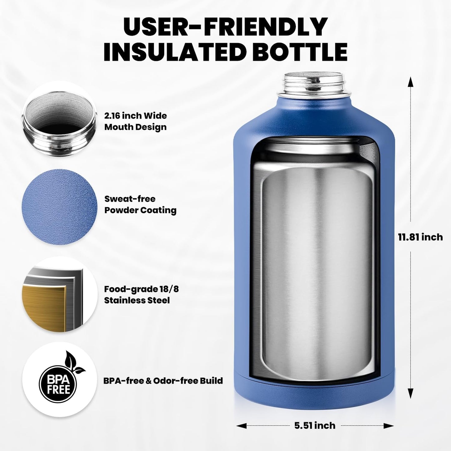 One Gallon Water Bottle Insulated, Triple Walled Vacuum Stainless Steel (Cold for 48 Hrs), Leak Proof & Non-BPA, Large Water Flask Jug with Paracord Handle & Straw Spout Lids