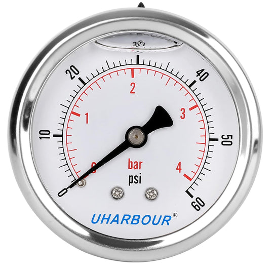 Glycerin Filled Low Pressure Gauge 60psi/4bar, Stainless Steel case, Brass Inside Construction, 2-1/2" dial, 1/4" NPT Back Connection…
