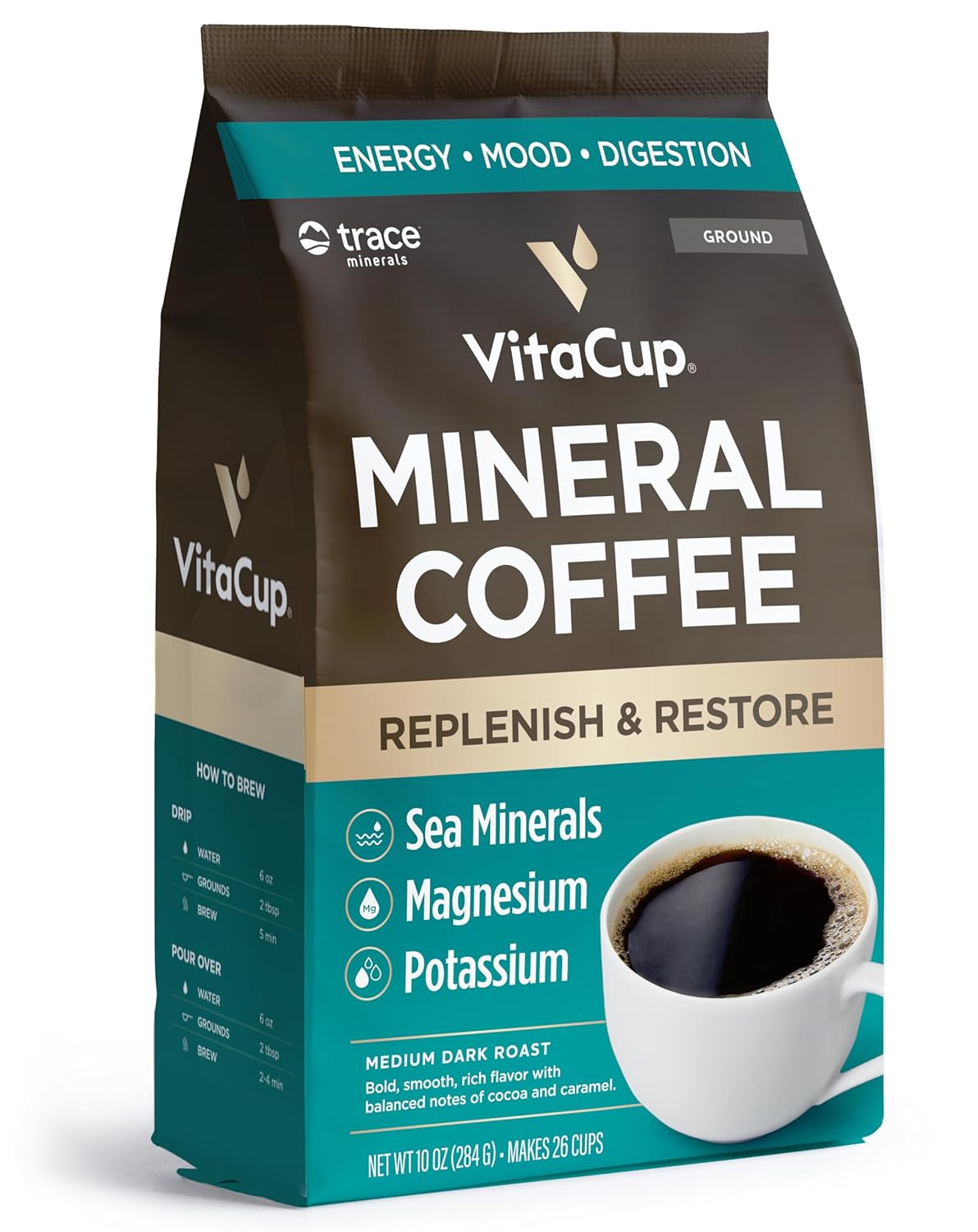 VitaCup Mineral Coffee with Trace Minerals, Hydrate, Replenish & Restore w/All Natural Sea Minerals, Electrolytes, Organic Coffee, Single Origin, Medium Dark Roast, Ground Coffee 10oz