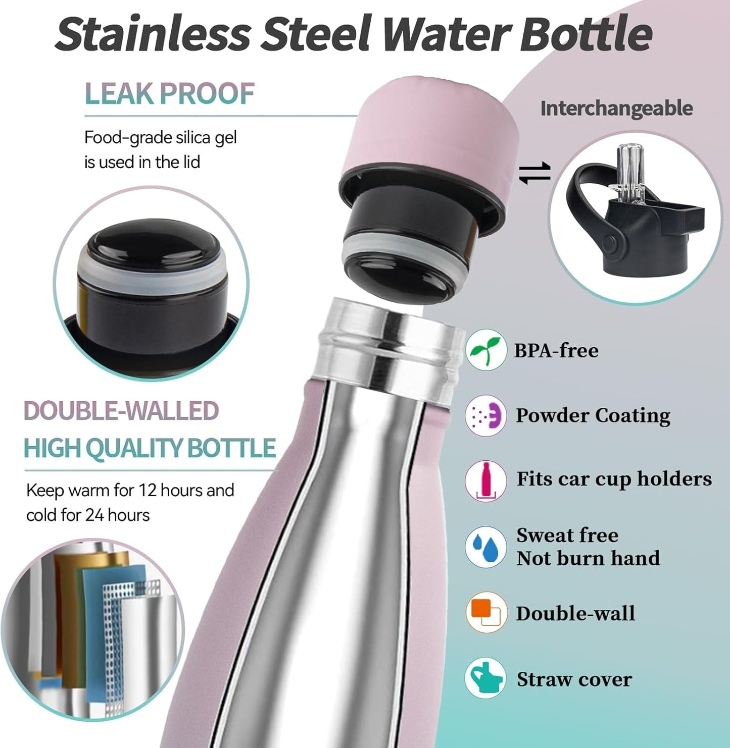 Insulated Water Bottle, 2 Pack-12oz Stainless Steel Water Bottles with straw lid, Metal Sports Water Bottles for Boys,Girls, Double Wall Vacuum BPA-Free Flask for School, Sports (oasis-rainbow)