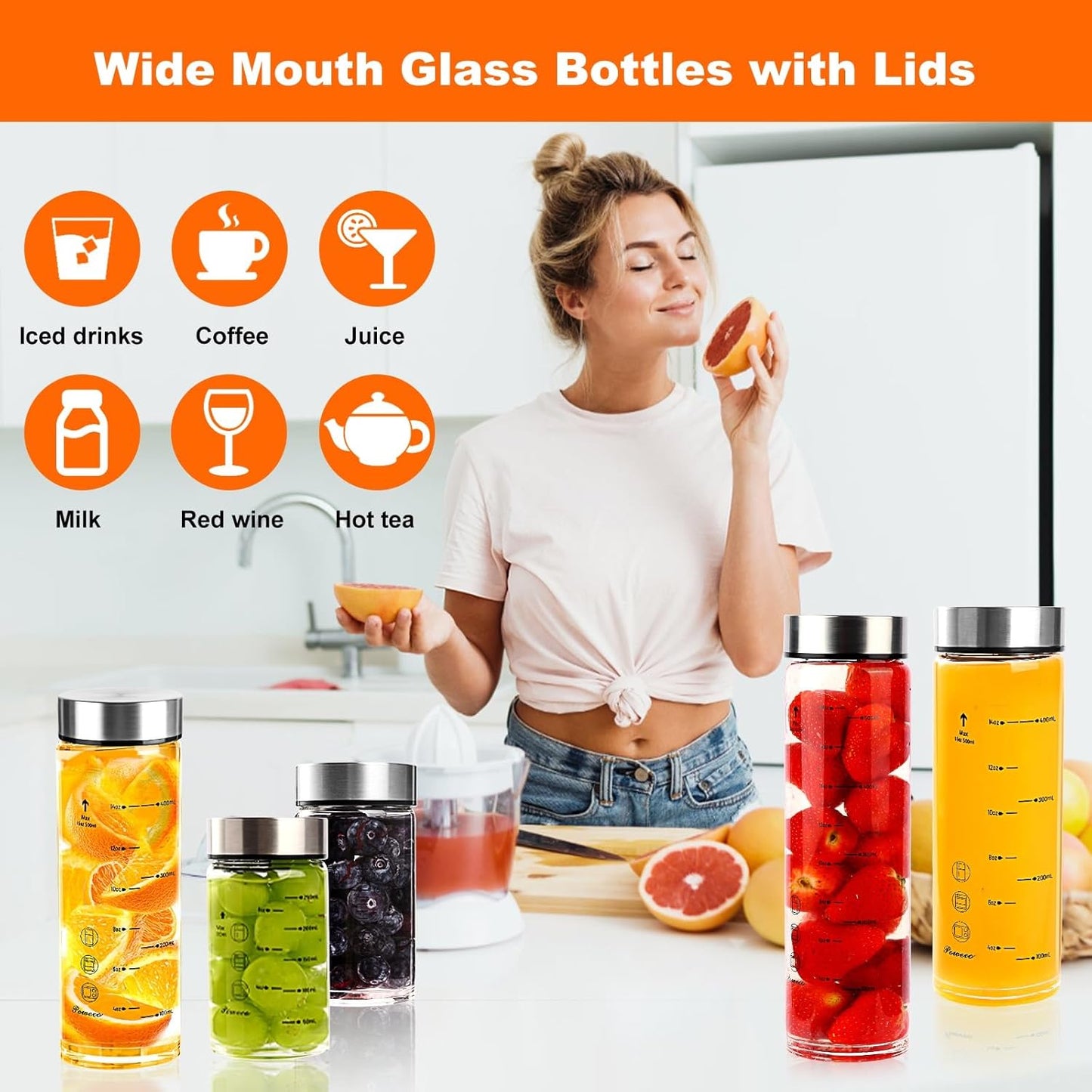 Glass Juice Bottles 6 Pack 10 oz - Wide Mouth Glass Water Bottles with Lids - for Juicing, Protein, Smoothie, Milk, Reusable, BPA Free, Stainless Steel Lids, Blender, Shaker Bottle [10oz/300ml]