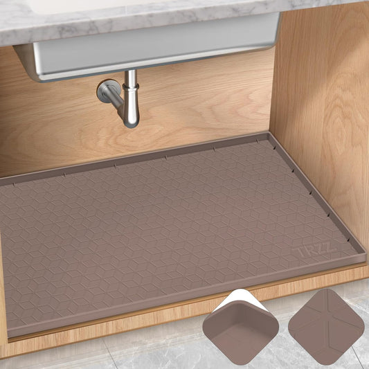 TRZZ Silicone Waterproof Under Sink Mat 22" x 19", Drip Tray and Cabinet Liner for Kitchen and Bathroom, Prevents Water Damage and Organizes Cabinets (Brown)