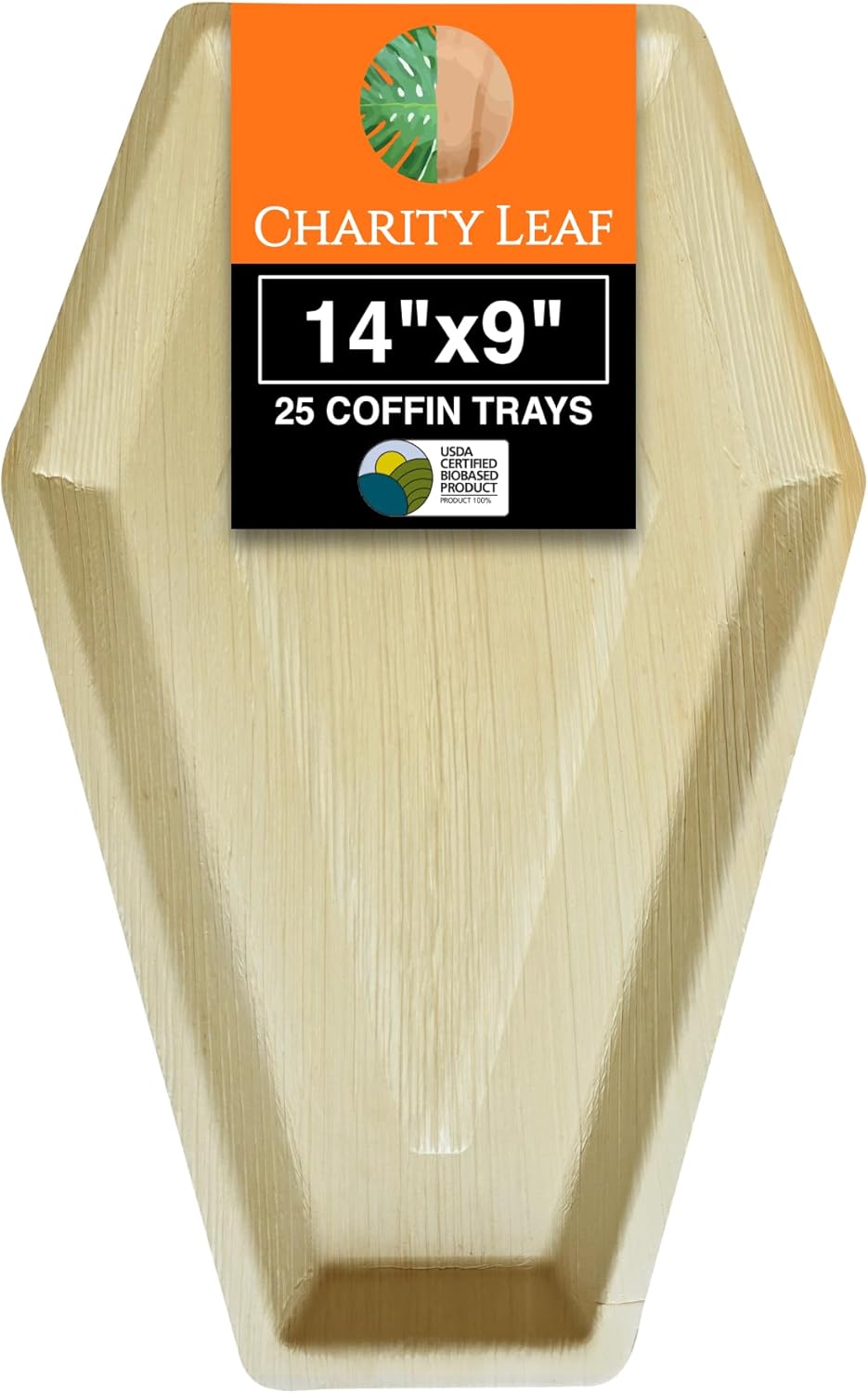Charity Leaf Disposable Palm Leaf 14"x9" Coffin Trays (25 Pieces) Bamboo Like Serving Platters, Disposable Boards, Eco-Friendly Dinnerware for Christmas, Weddings, Catering, Events